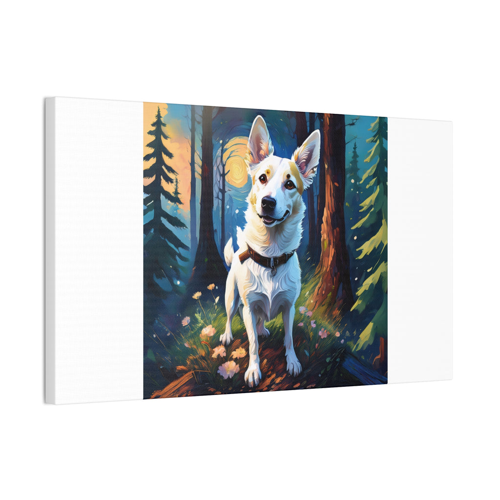 White/Tan Dog Forest Walk Cavas Painting