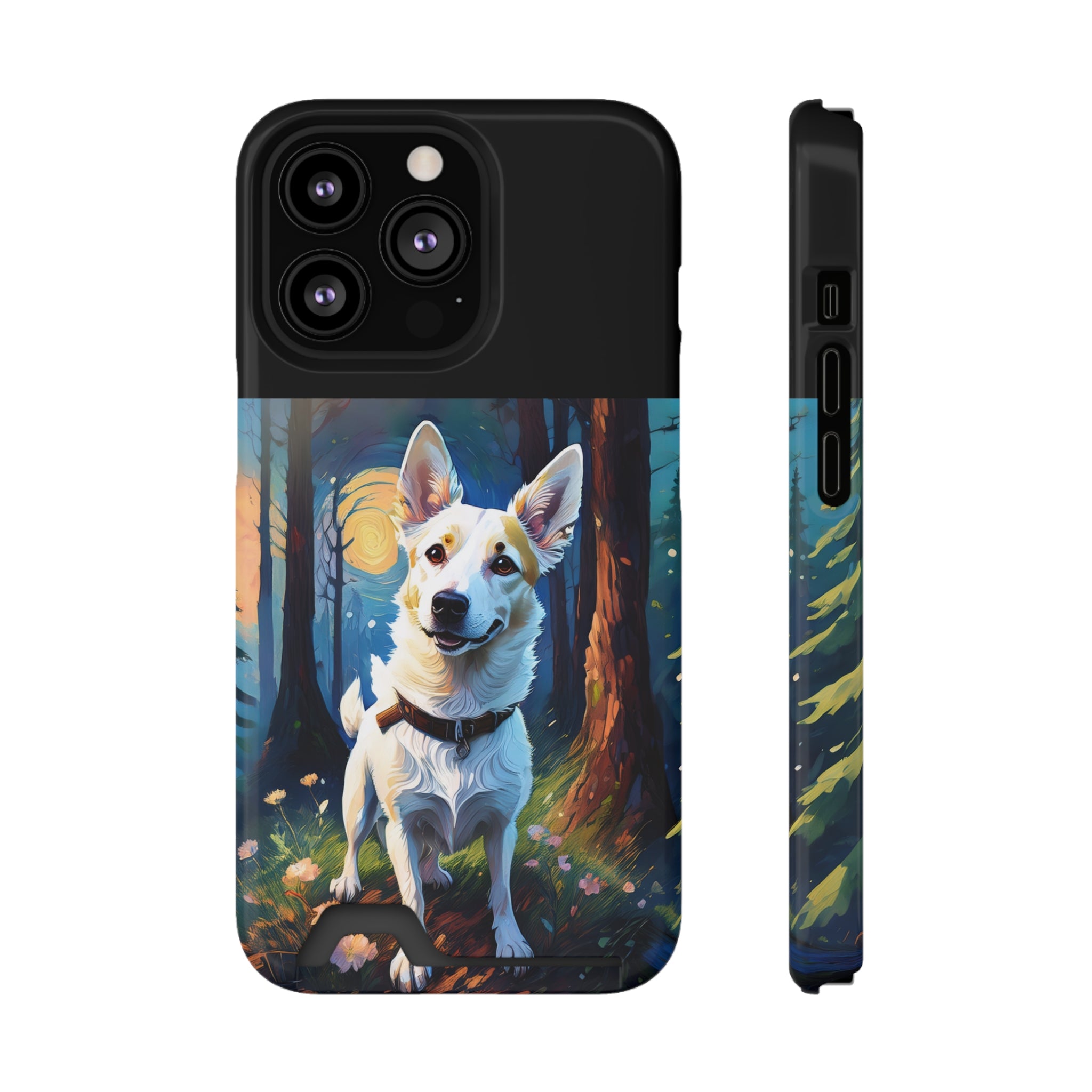 White/Tan Dog Forest Walk Phone Case with Card Holder