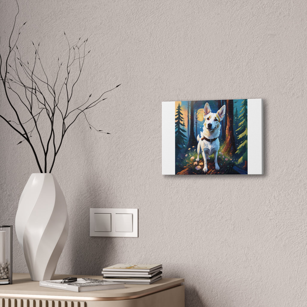 White/Tan Dog Forest Walk Cavas Painting