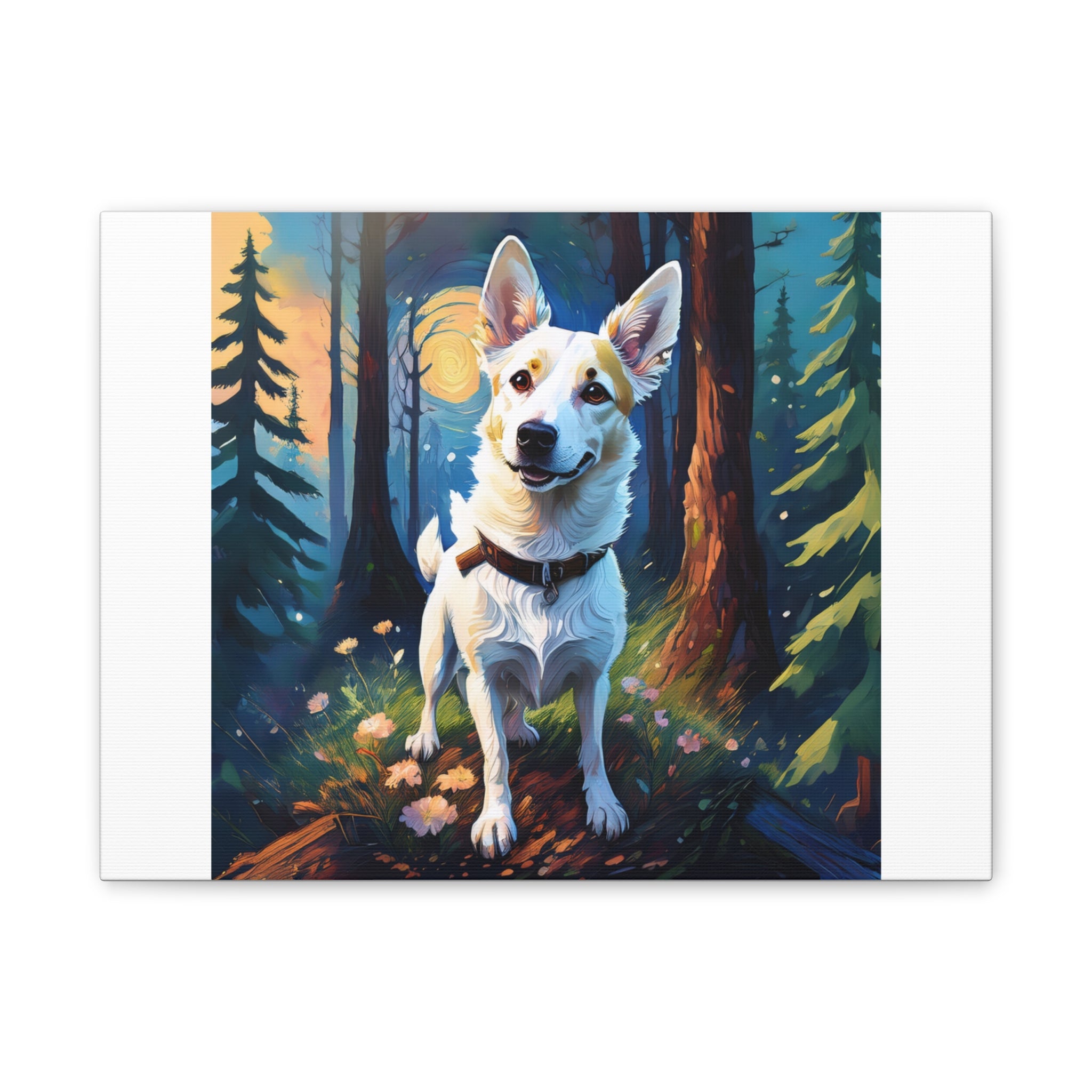 White/Tan Dog Forest Walk Cavas Painting