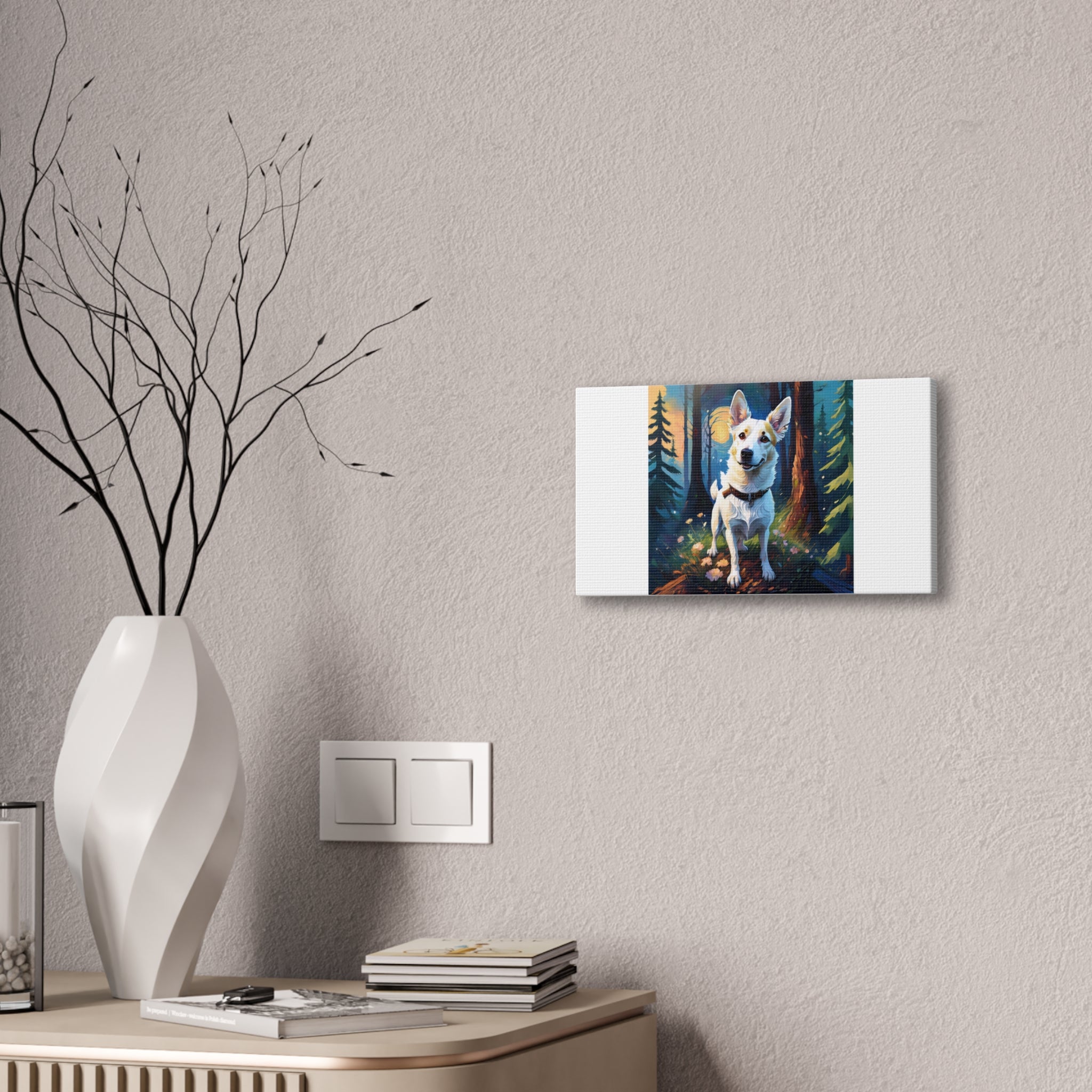 White/Tan Dog Forest Walk Cavas Painting