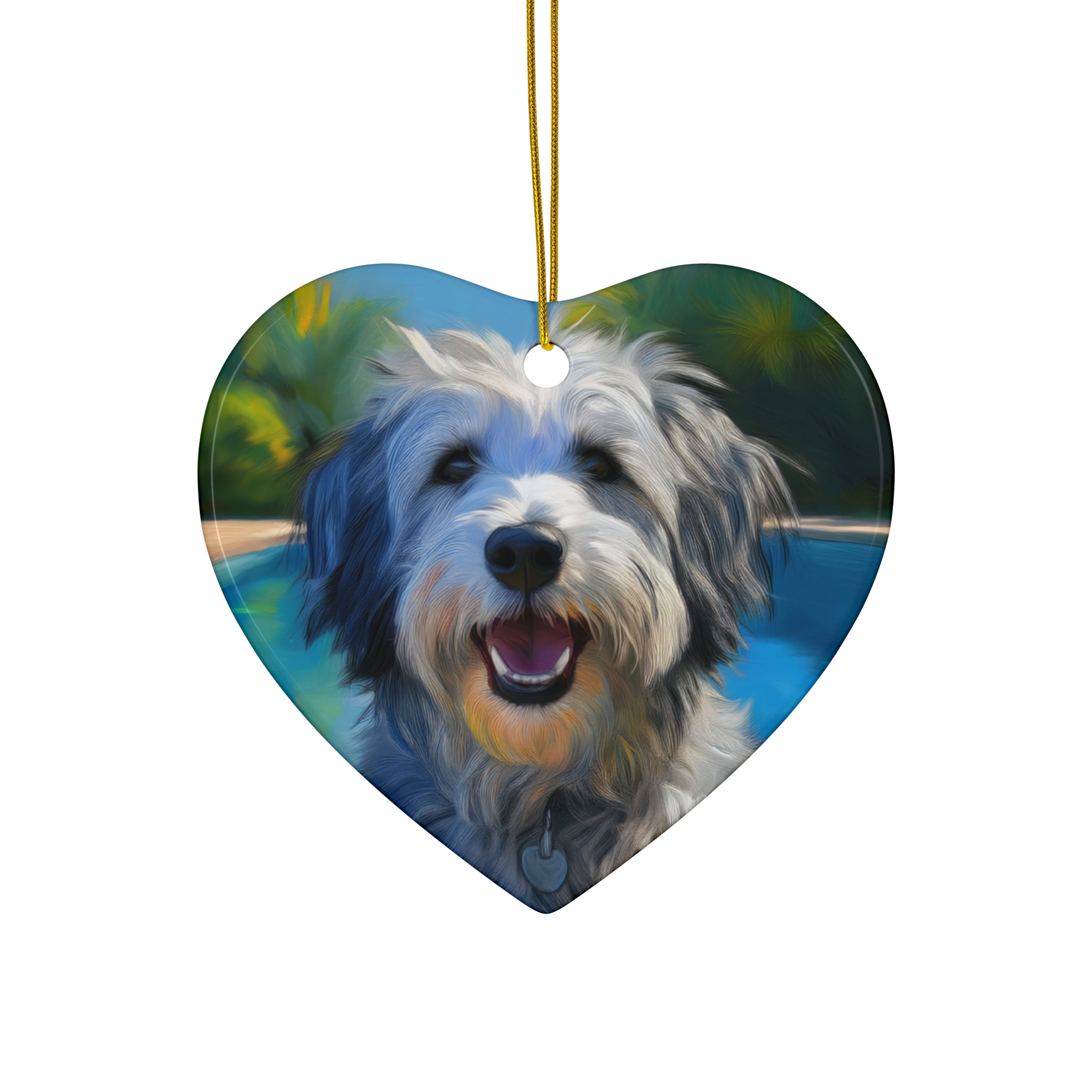 Grey Shaggy Dog Poolside Ceramic Ornament
