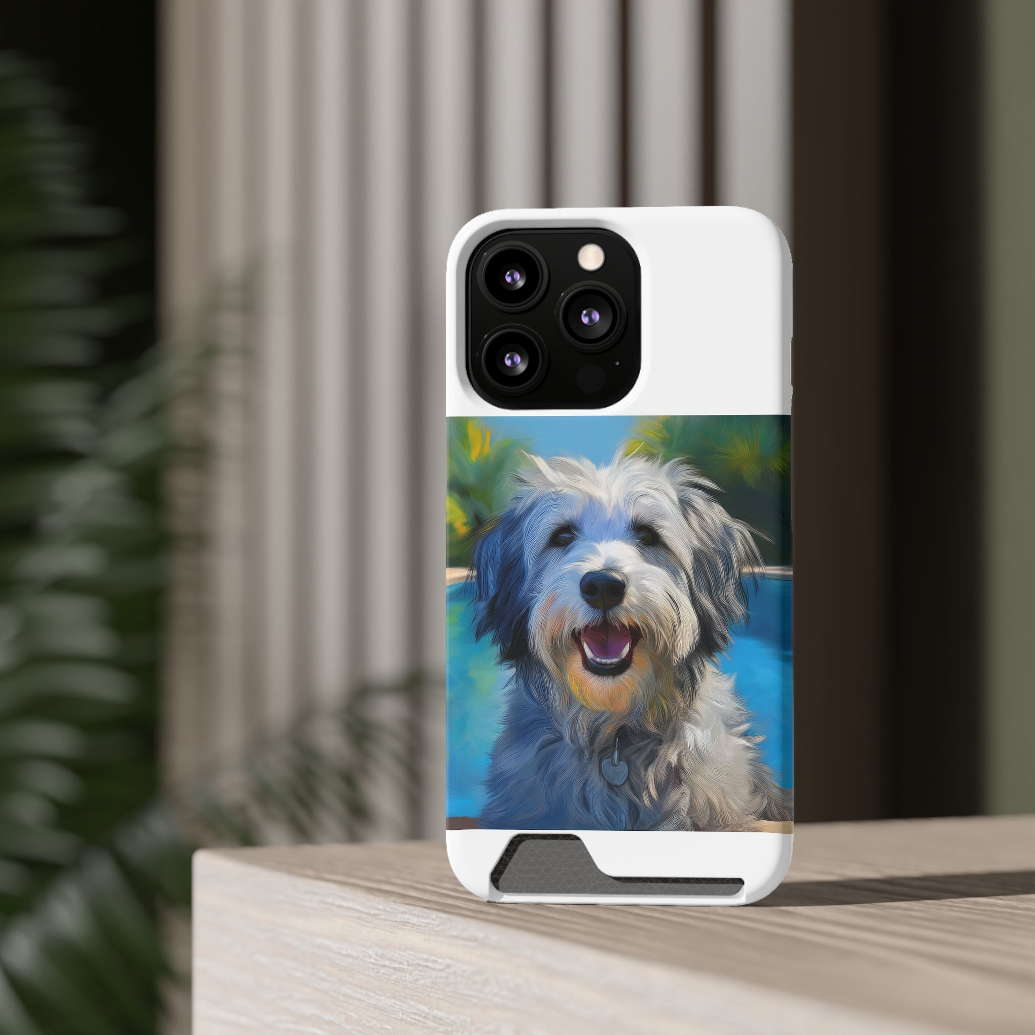 Grey Shaggy Dog Poolside Phone Case with Card Holder