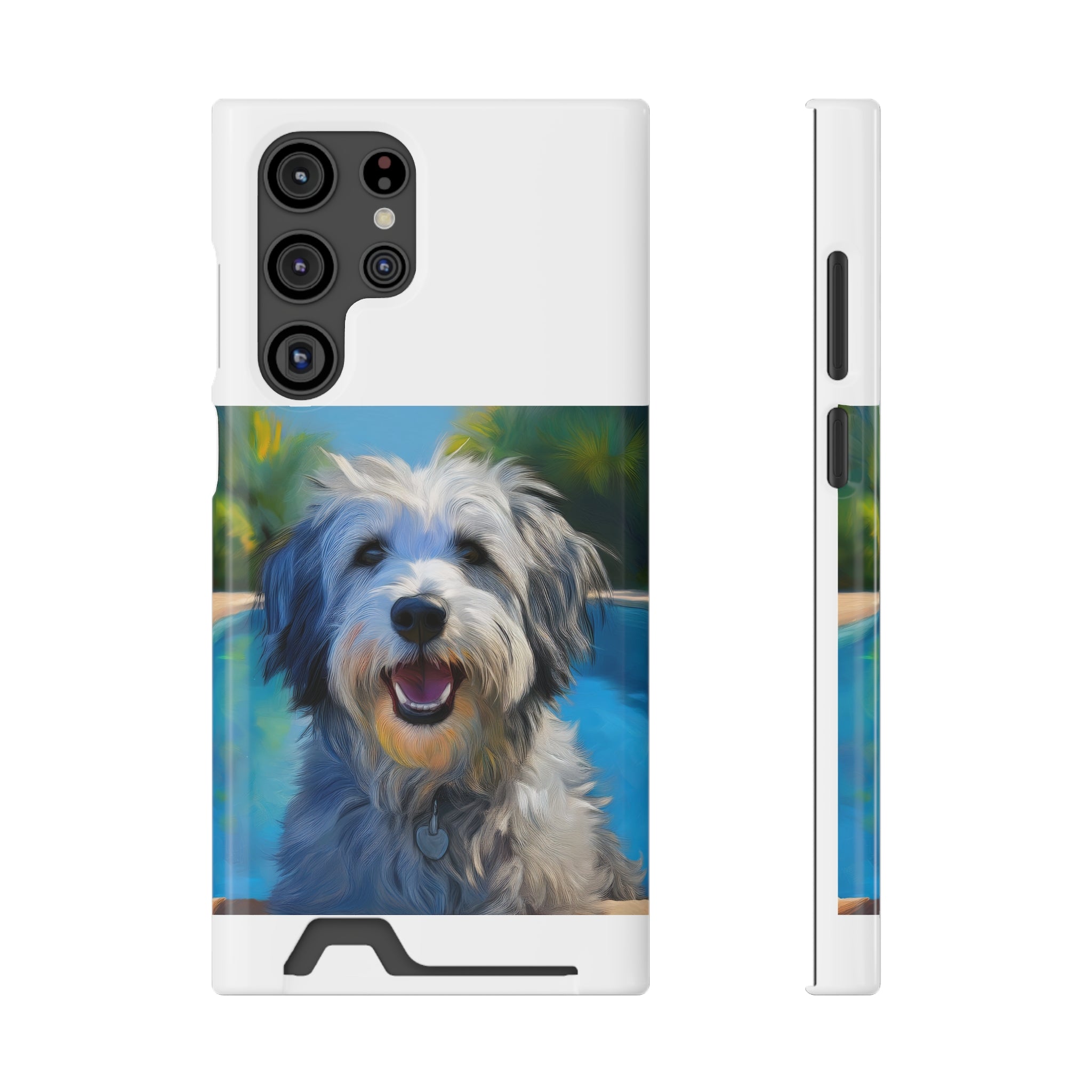Grey Shaggy Dog Poolside Phone Case with Card Holder
