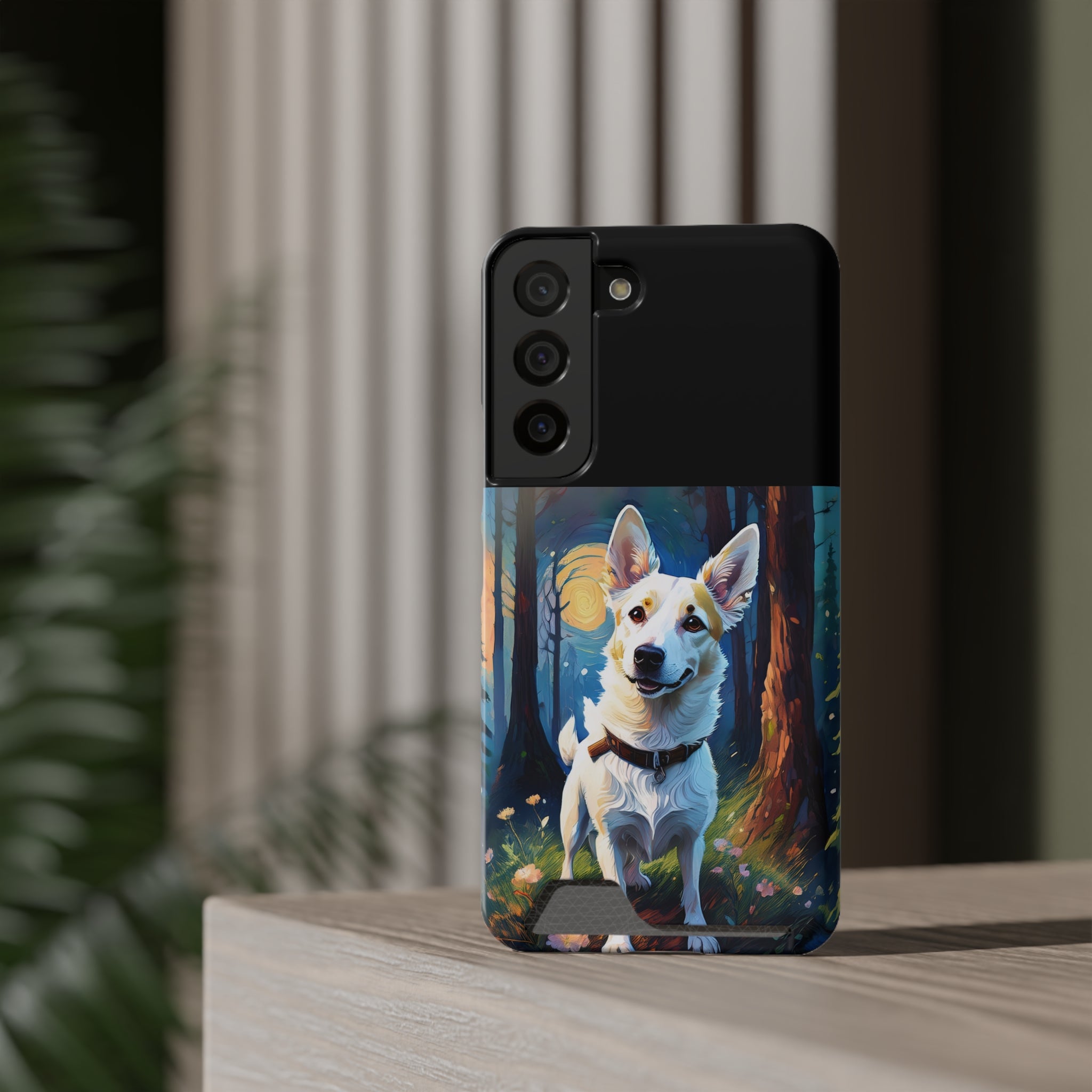 White/Tan Dog Forest Walk Phone Case with Card Holder