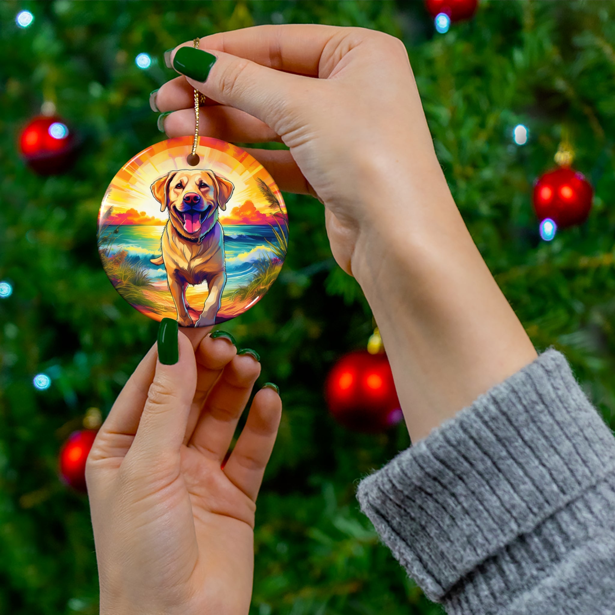 Yellow Lab Sunset Beach Ceramic Ornament
