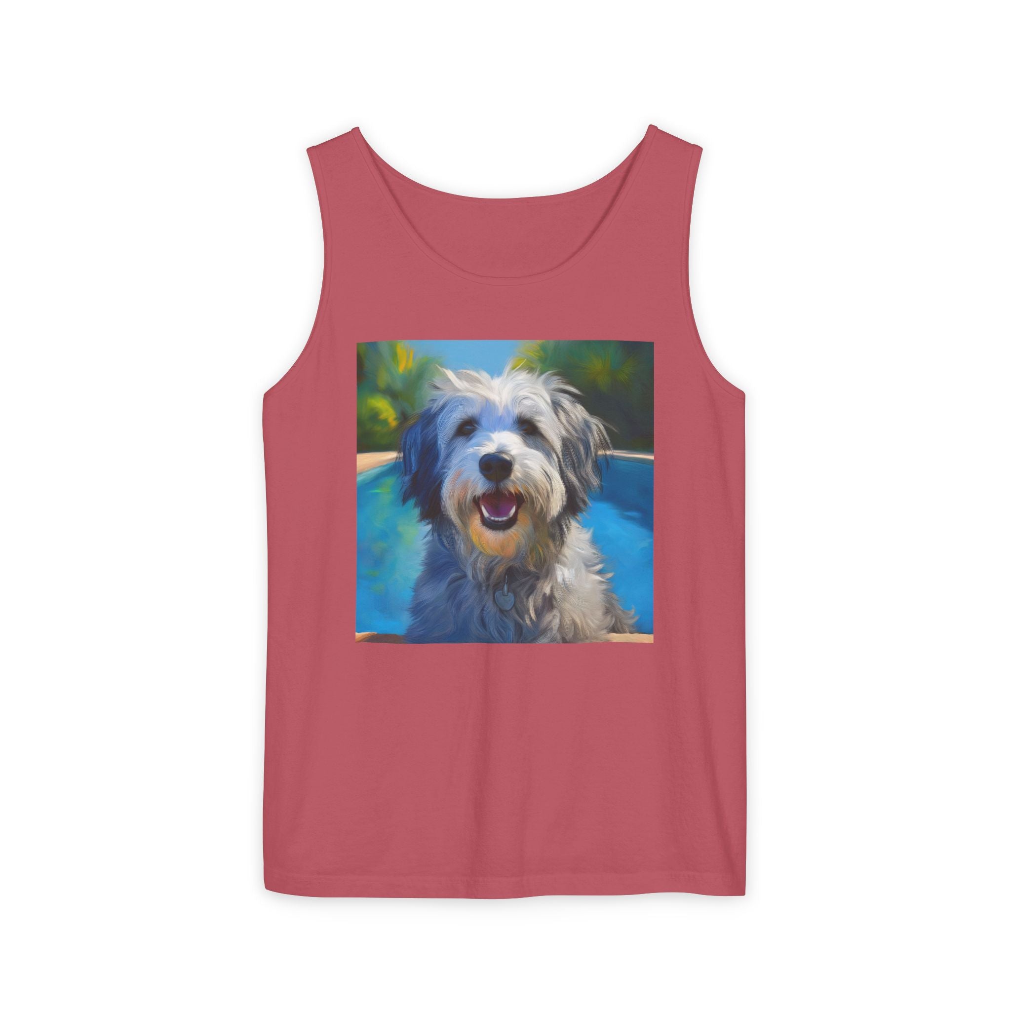 Grey Shaggy Dog Poolside Unisex Tank Top