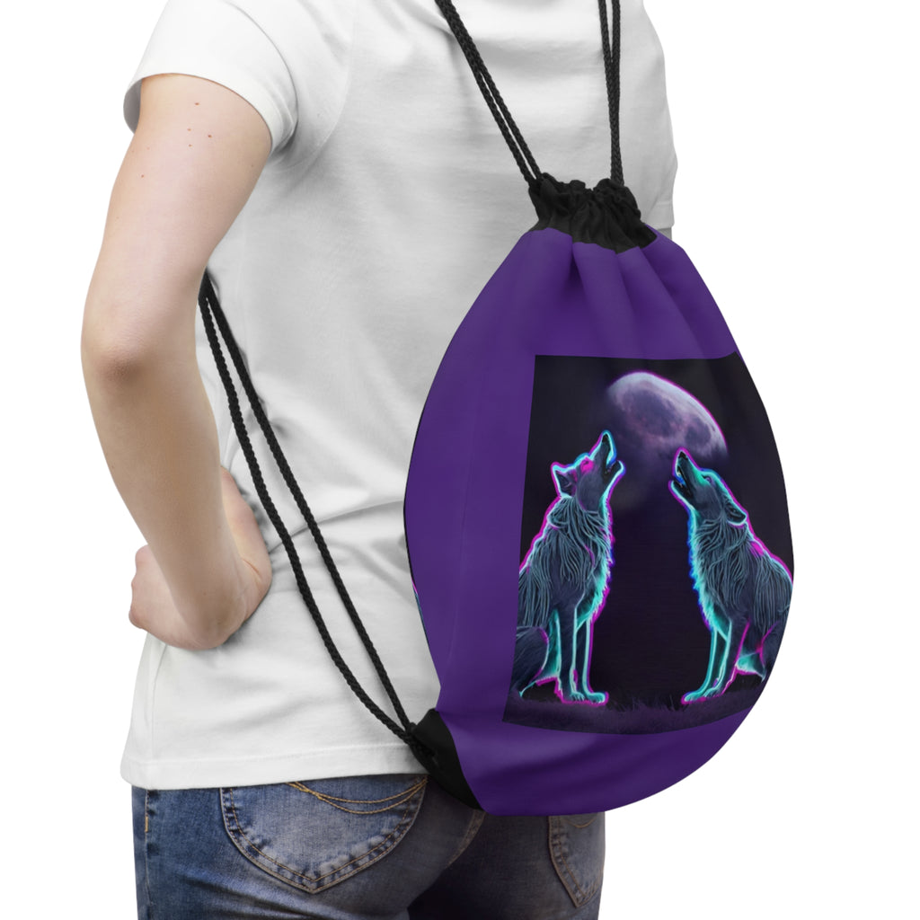 Neon Wolves Howling Drawstring Bag