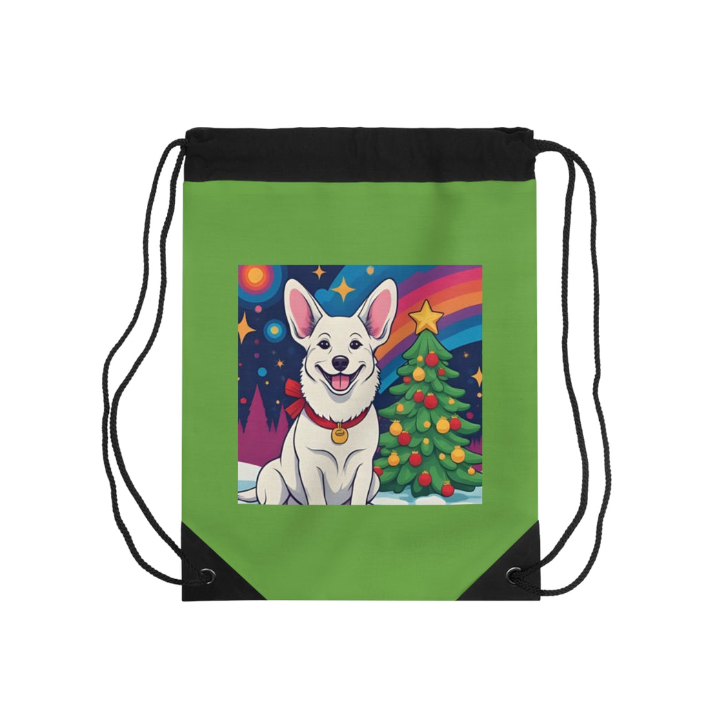 White Corgi Holiday Drawstring Bag