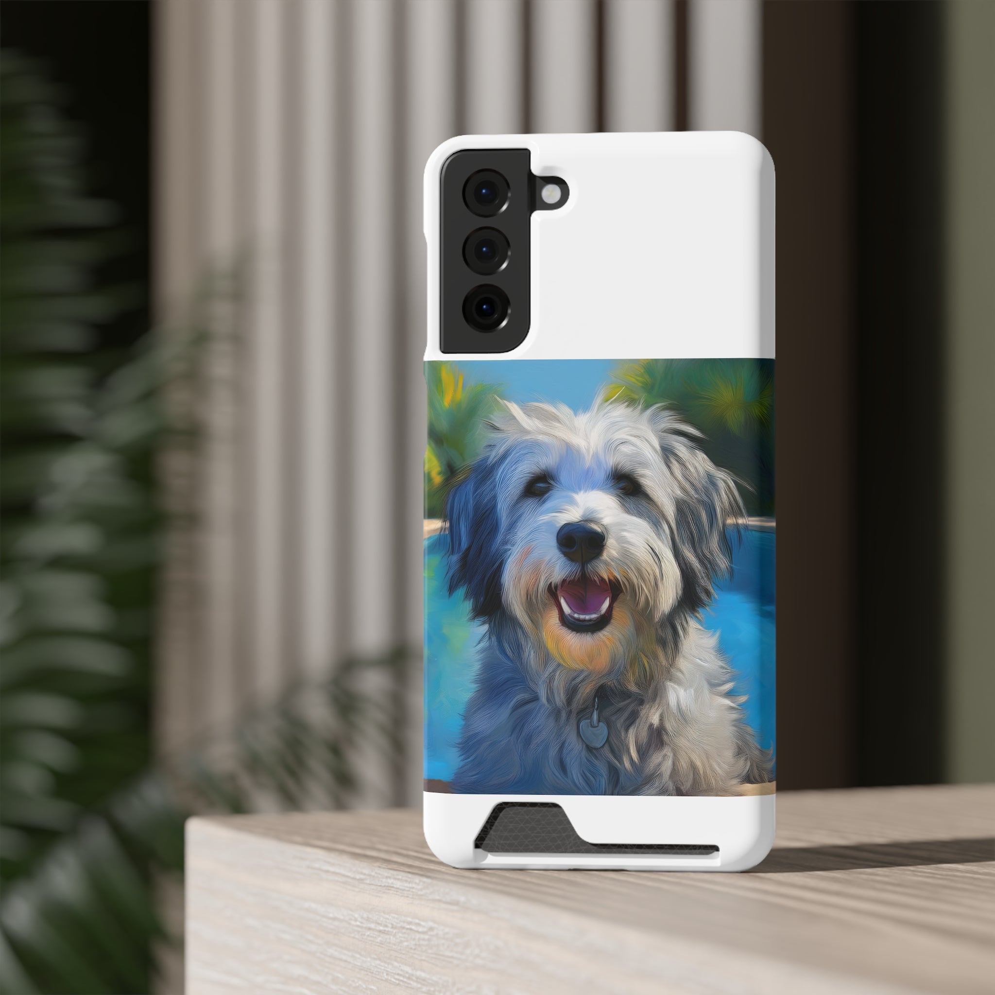 Grey Shaggy Dog Poolside Phone Case with Card Holder