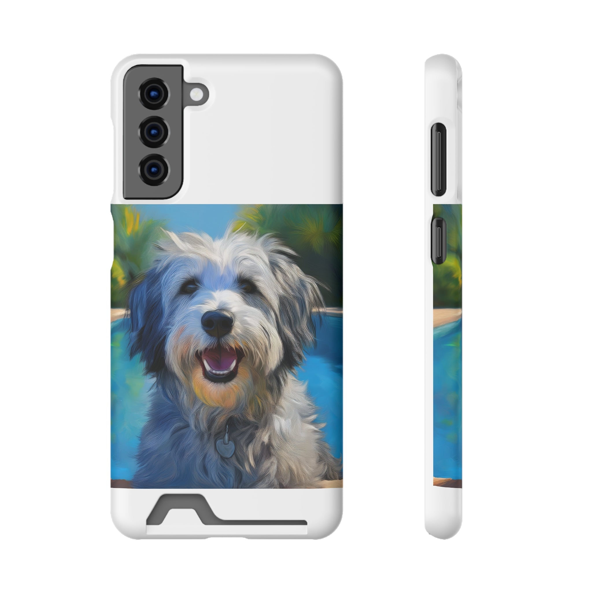 Grey Shaggy Dog Poolside Phone Case with Card Holder