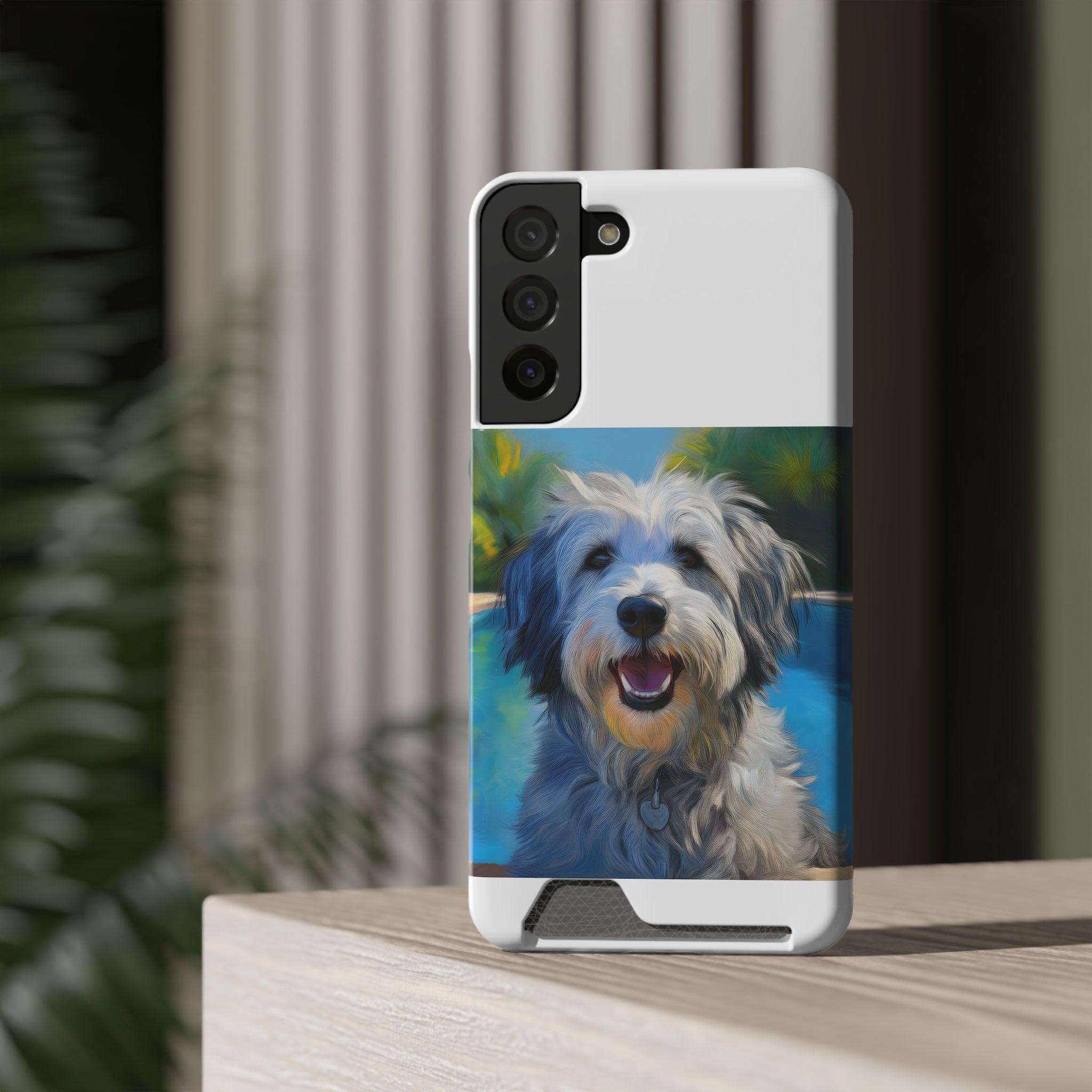Grey Shaggy Dog Poolside Phone Case with Card Holder