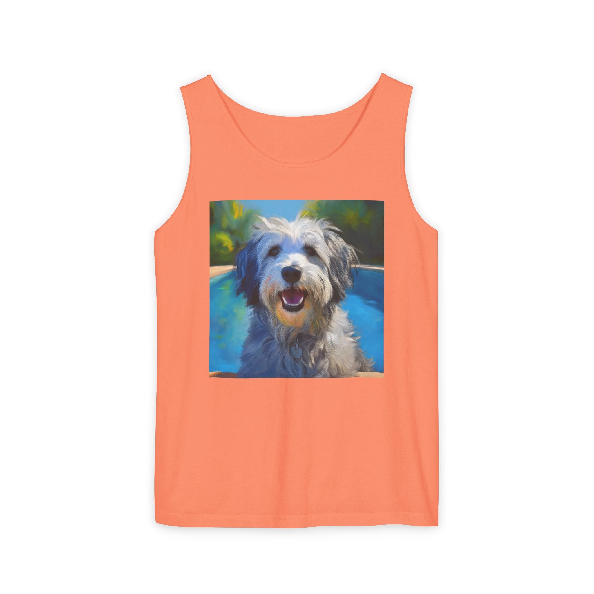 Grey Shaggy Dog Poolside Unisex Tank Top