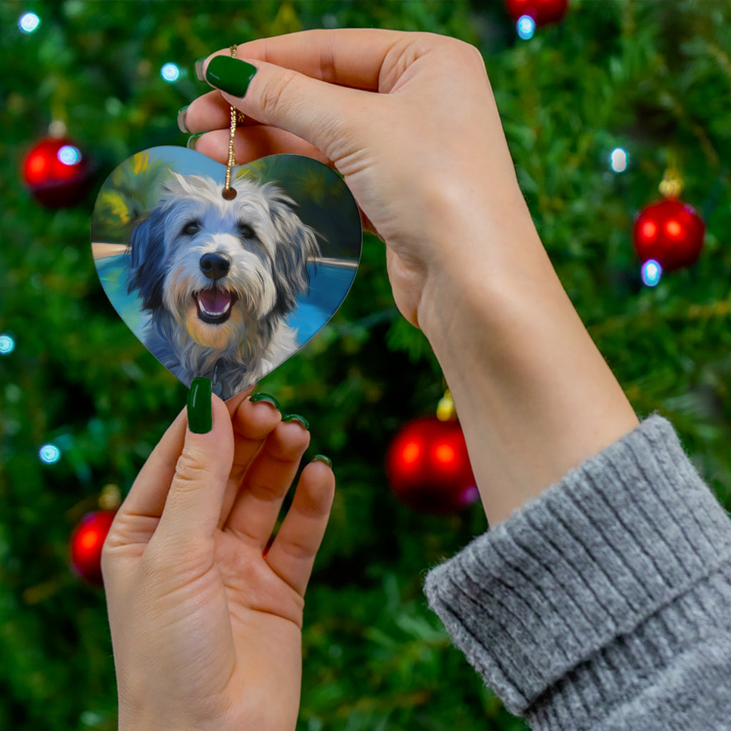 Grey Shaggy Dog Poolside Ceramic Ornament