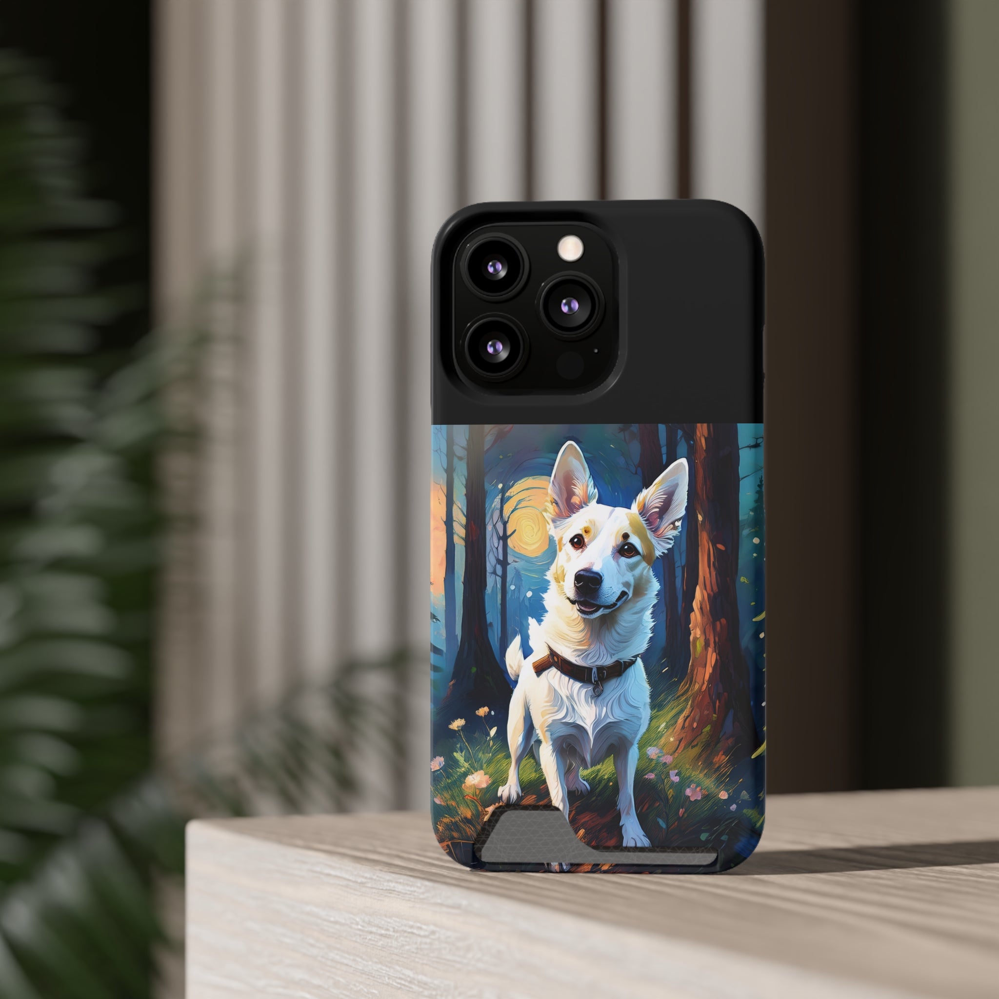 White/Tan Dog Forest Walk Phone Case with Card Holder