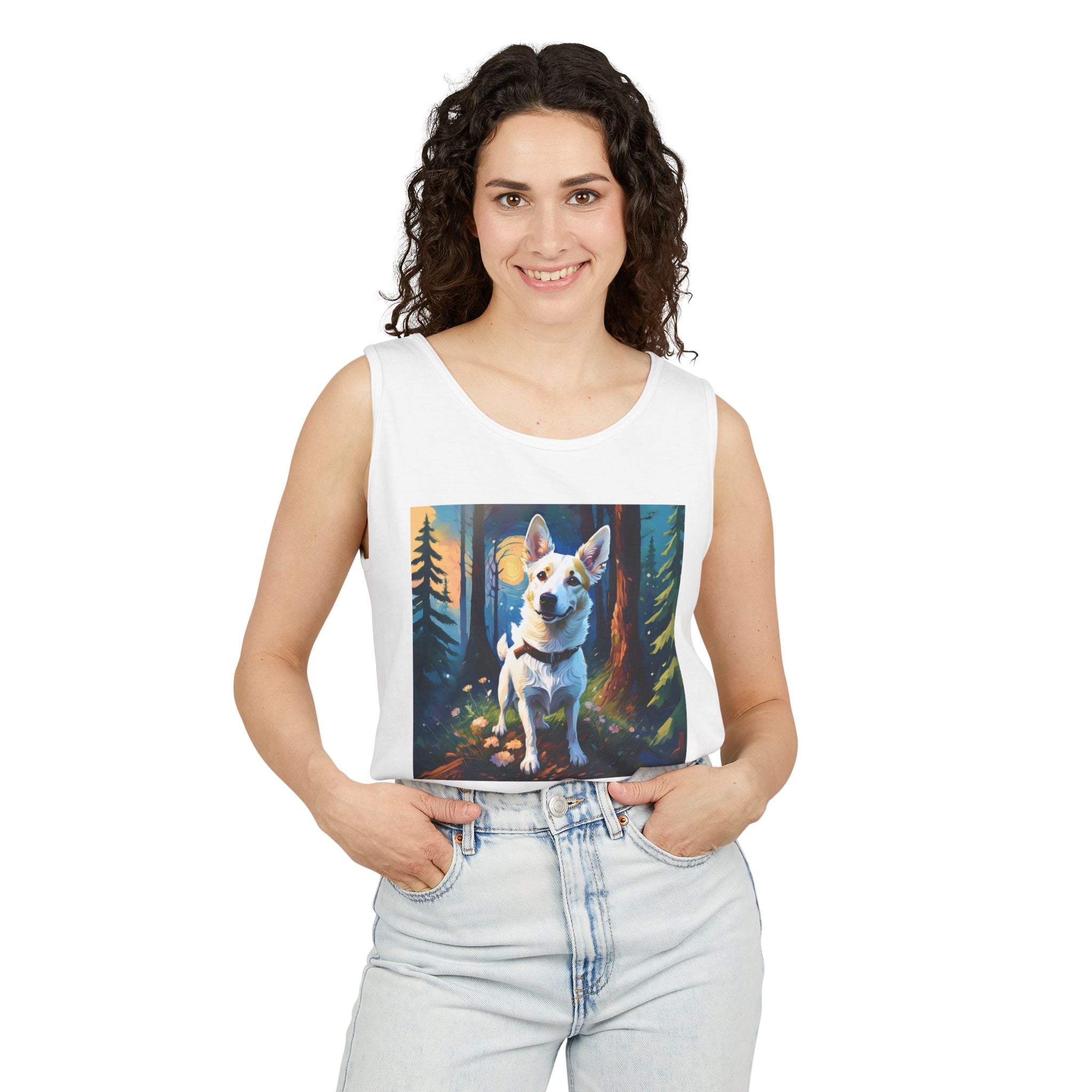 White/Tan Dog Forest Walk Unisex Tank Top