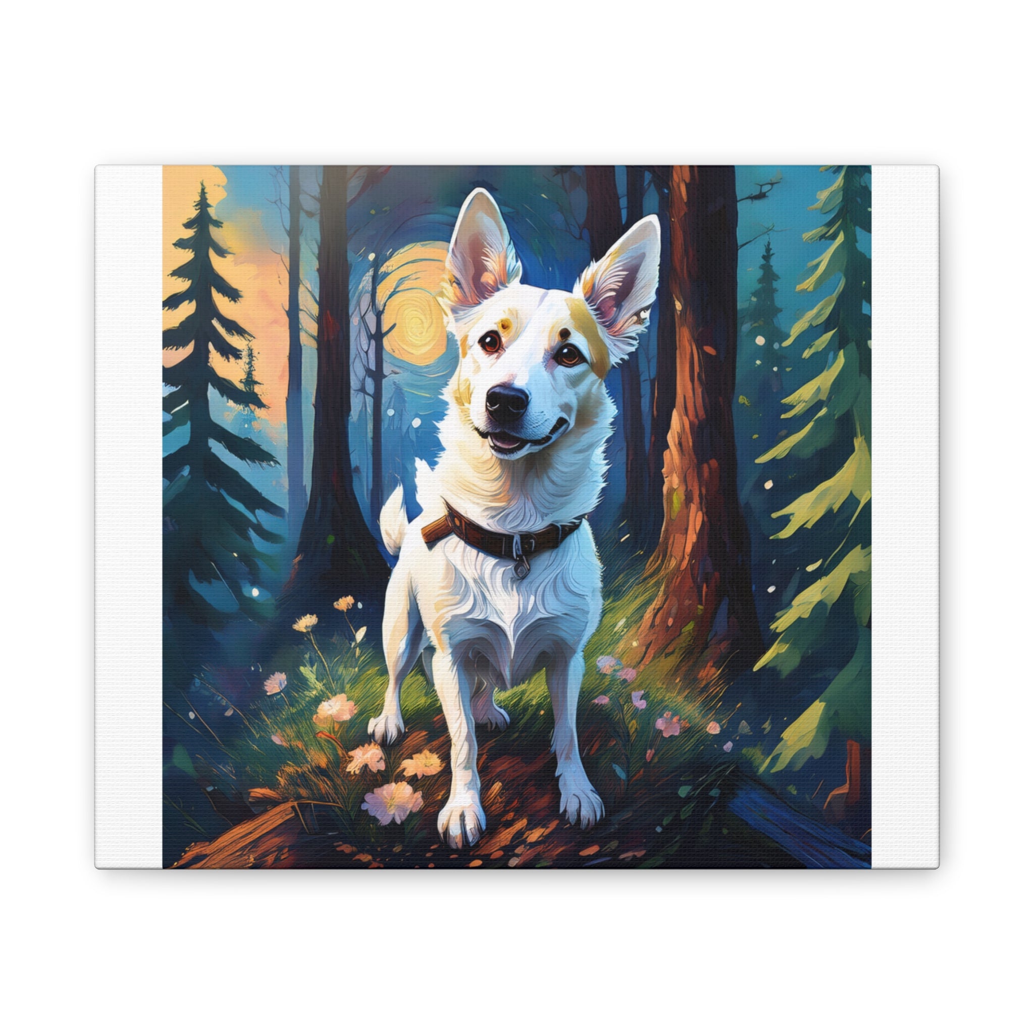 White/Tan Dog Forest Walk Cavas Painting
