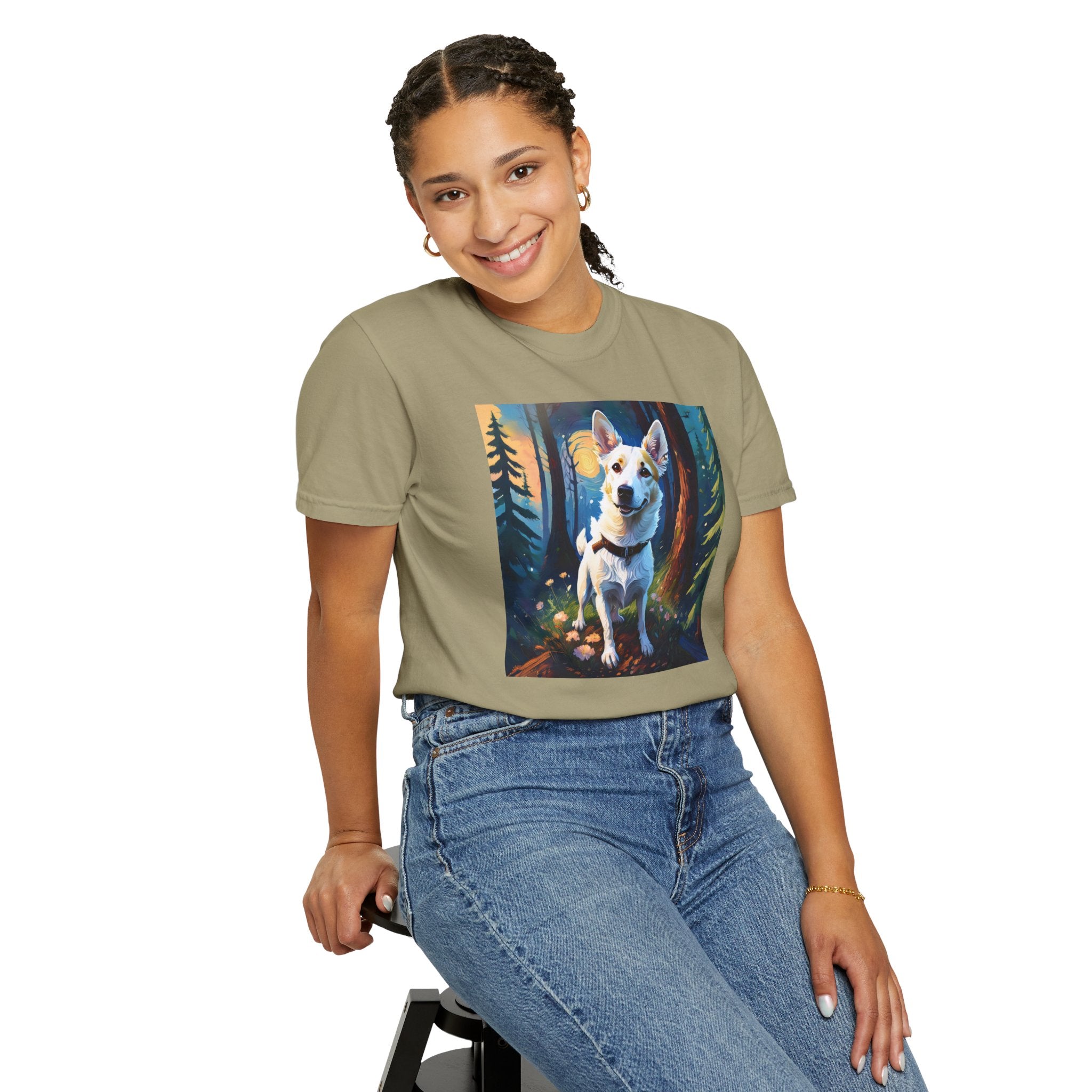 White/Tan Dog Forest Walk Unisex Garment-Dyed T-shirt