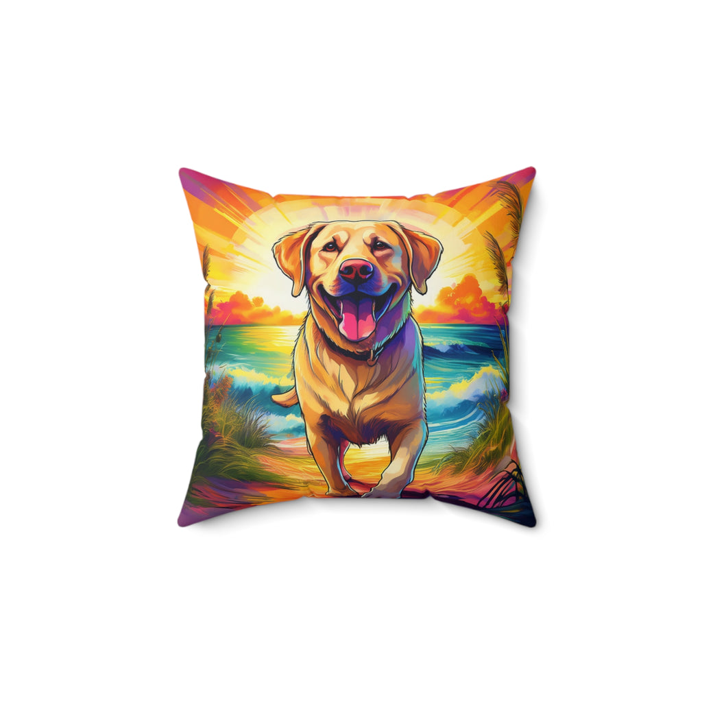 Yellow Lab Sunset Beach Polyester Square Pillow
