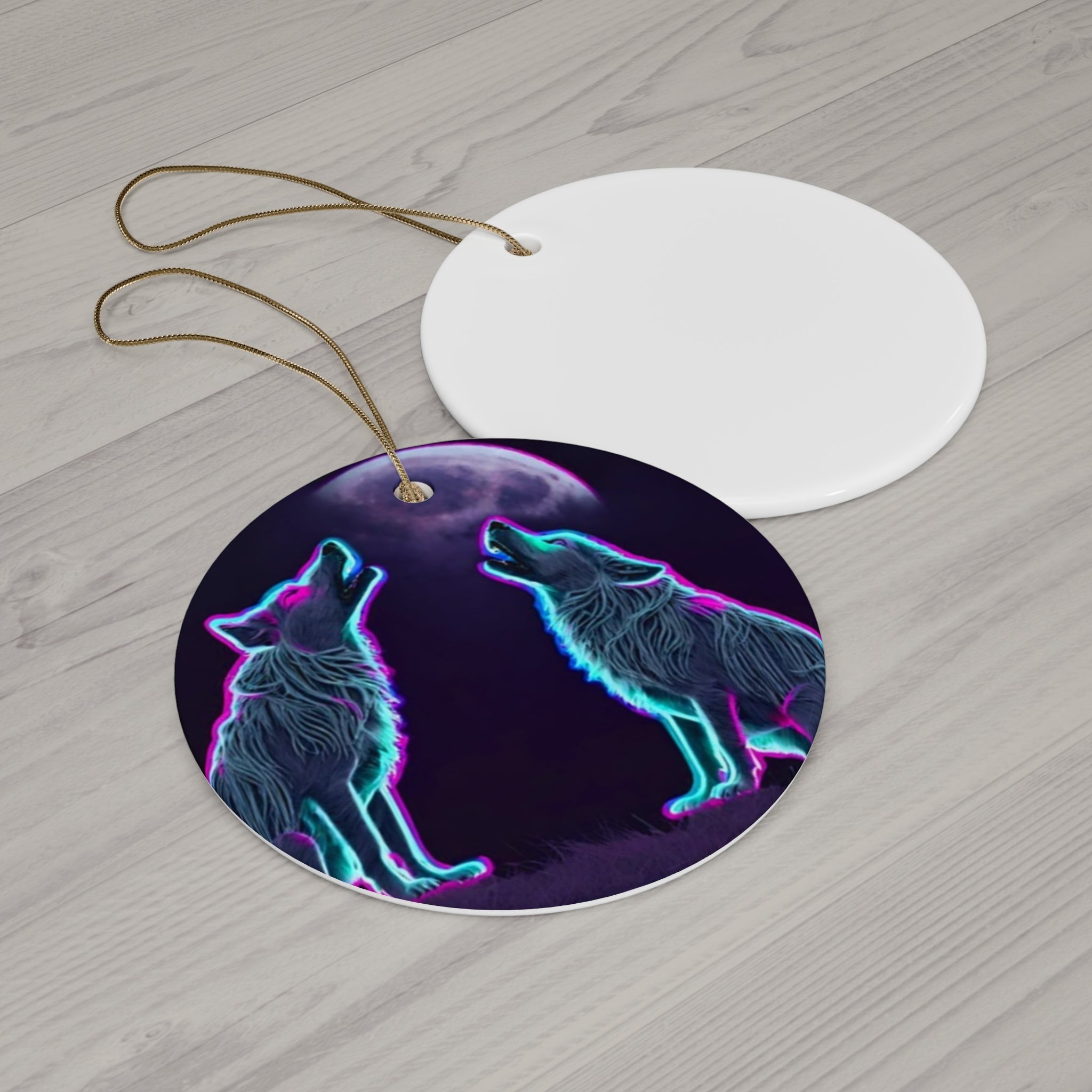 Neon Wolves Howling Ceramic Ornament