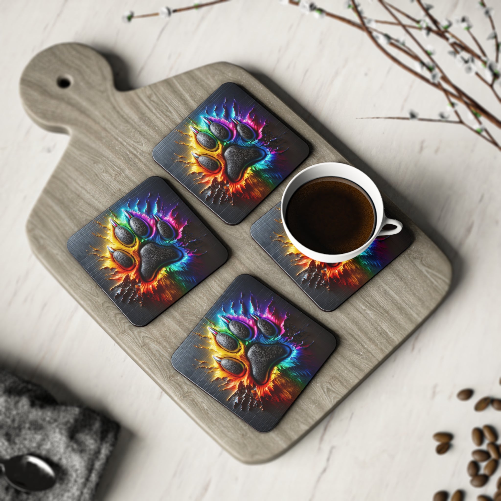Electric Rainbow Dog Paw Coasters