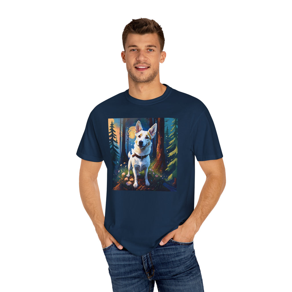 White/Tan Dog Forest Walk Unisex Garment-Dyed T-shirt