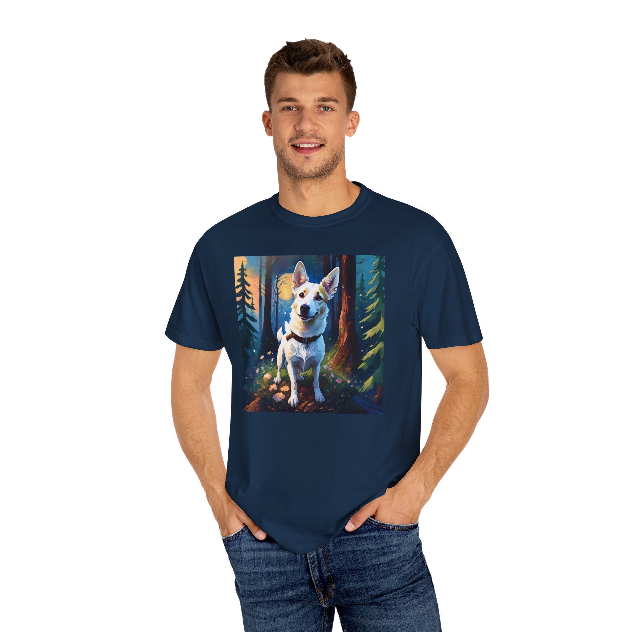 White/Tan Dog Forest Walk Unisex Garment-Dyed T-shirt
