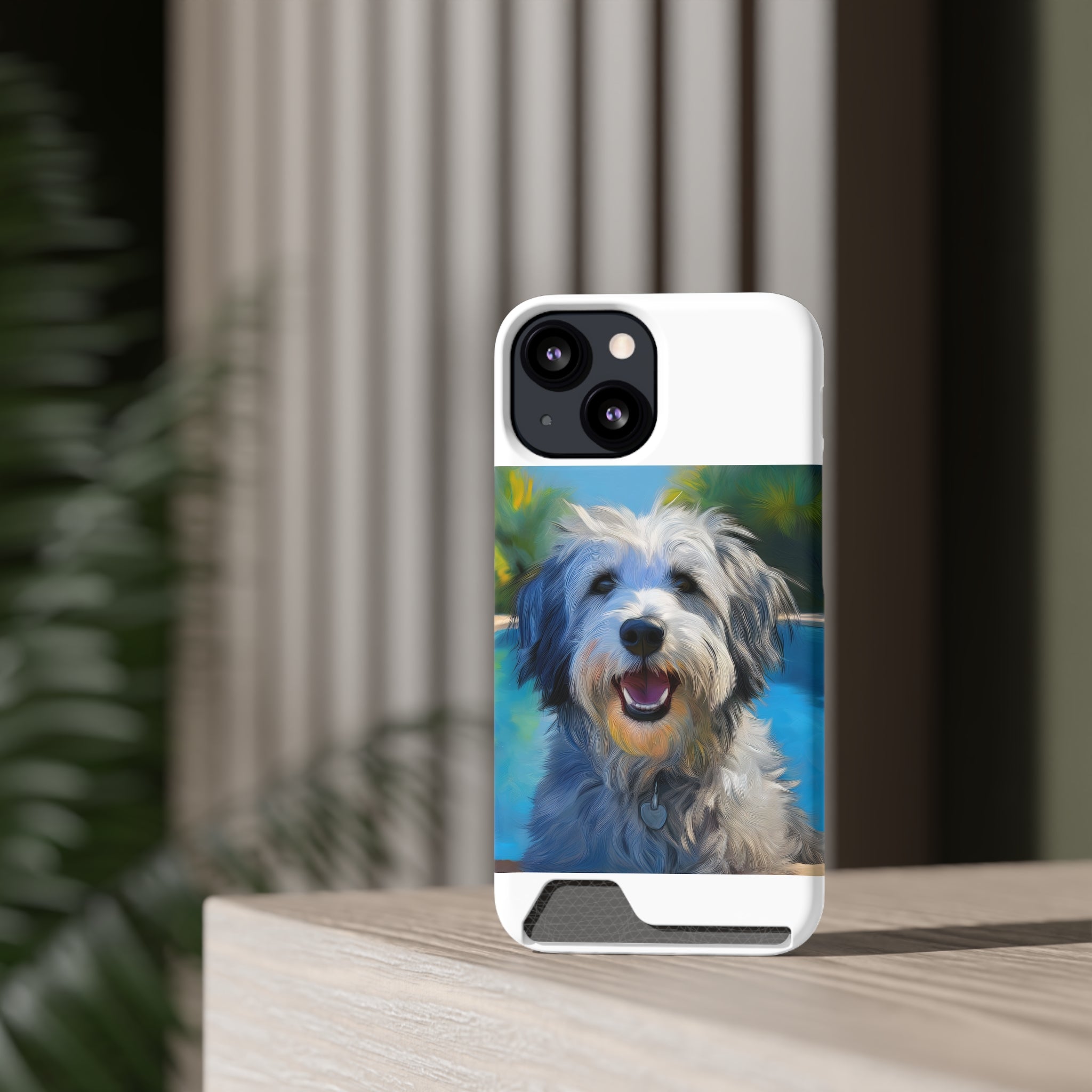 Grey Shaggy Dog Poolside Phone Case with Card Holder