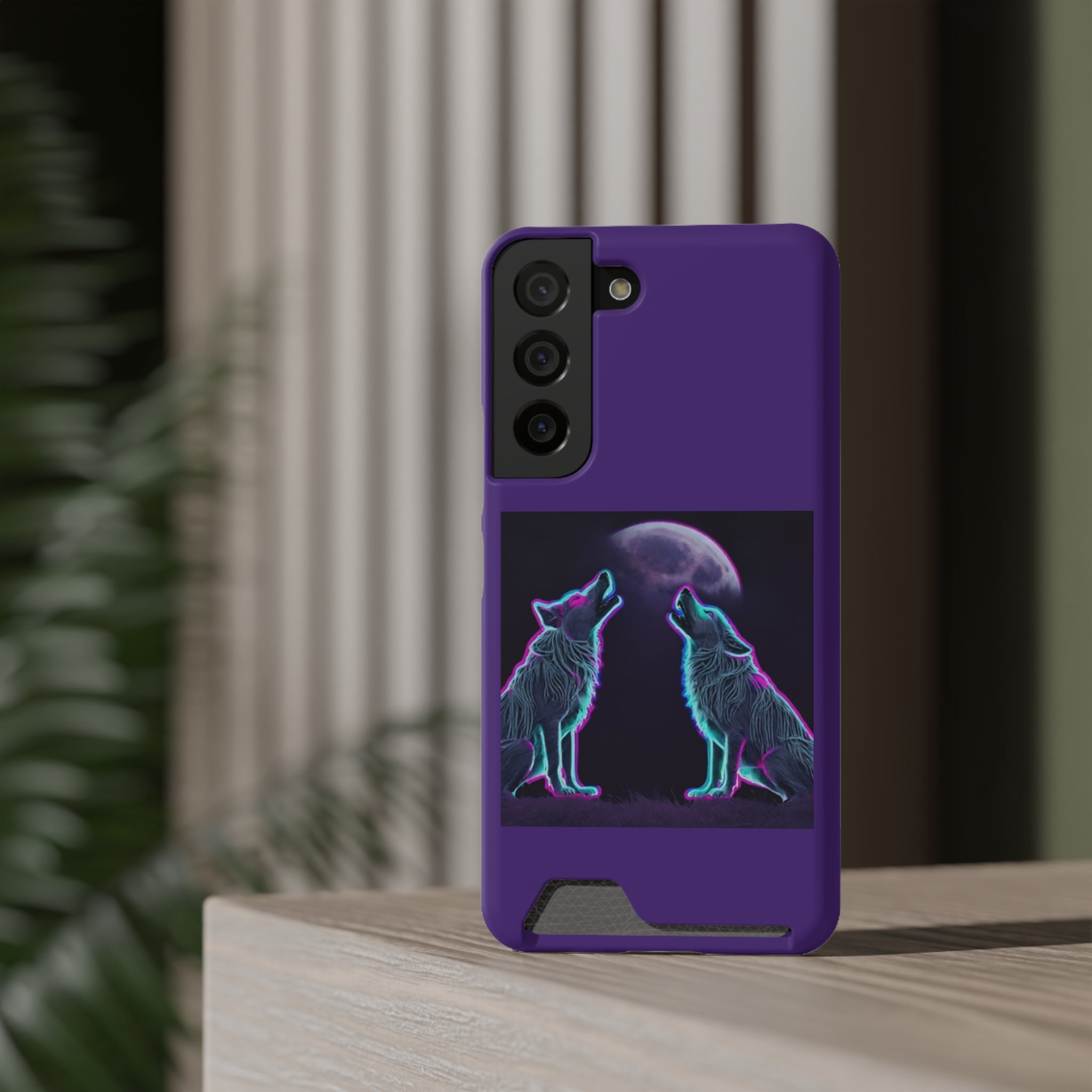 Neon Wolves Howling Phone Case with Card Holder