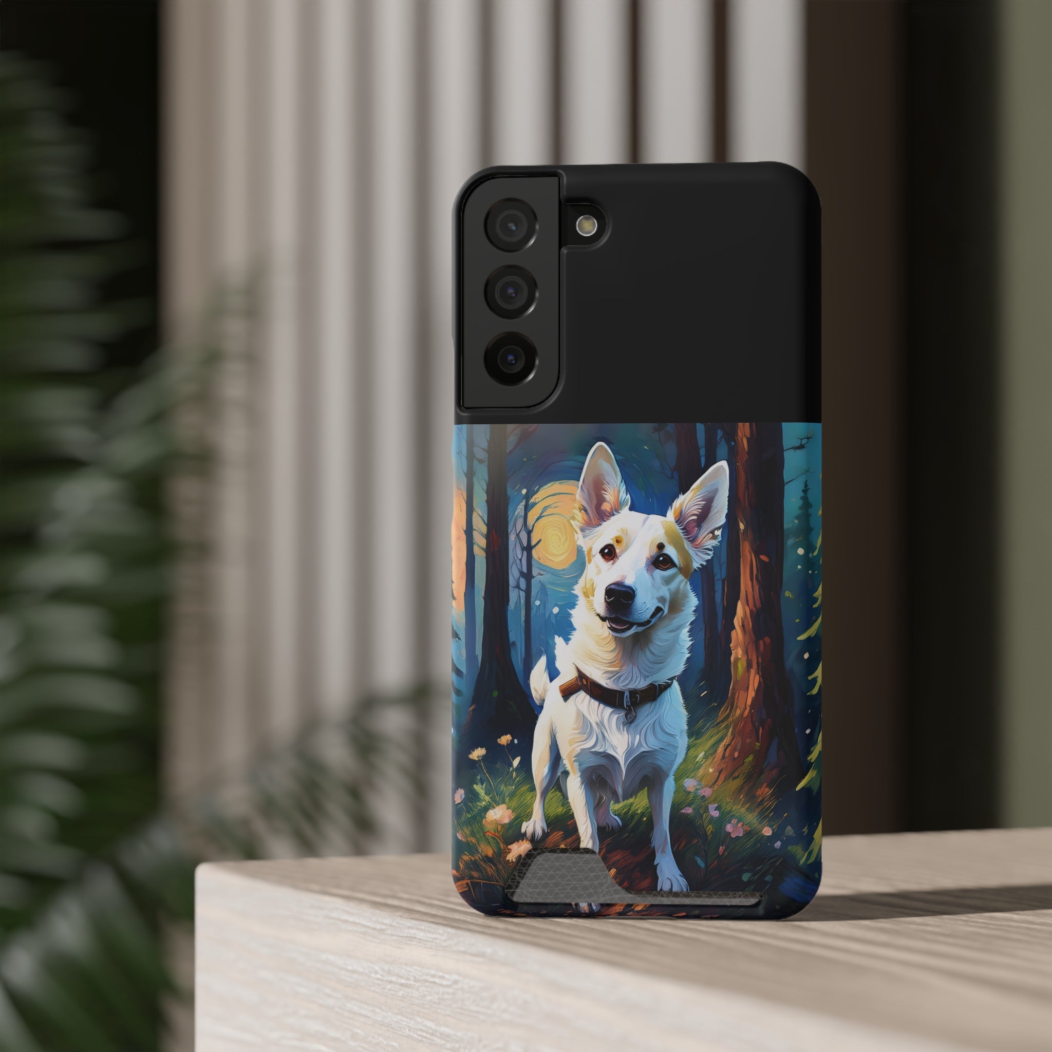 White/Tan Dog Forest Walk Phone Case with Card Holder