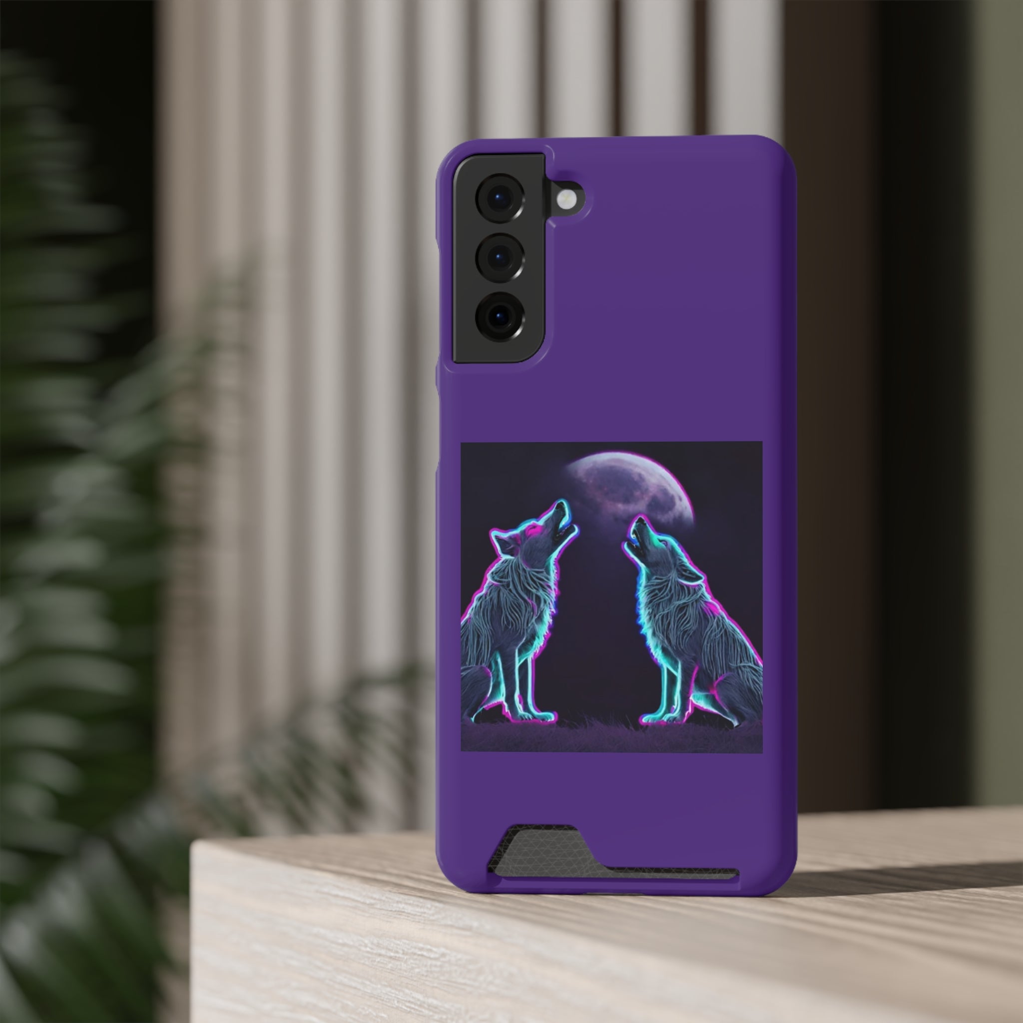 Neon Wolves Howling Phone Case with Card Holder