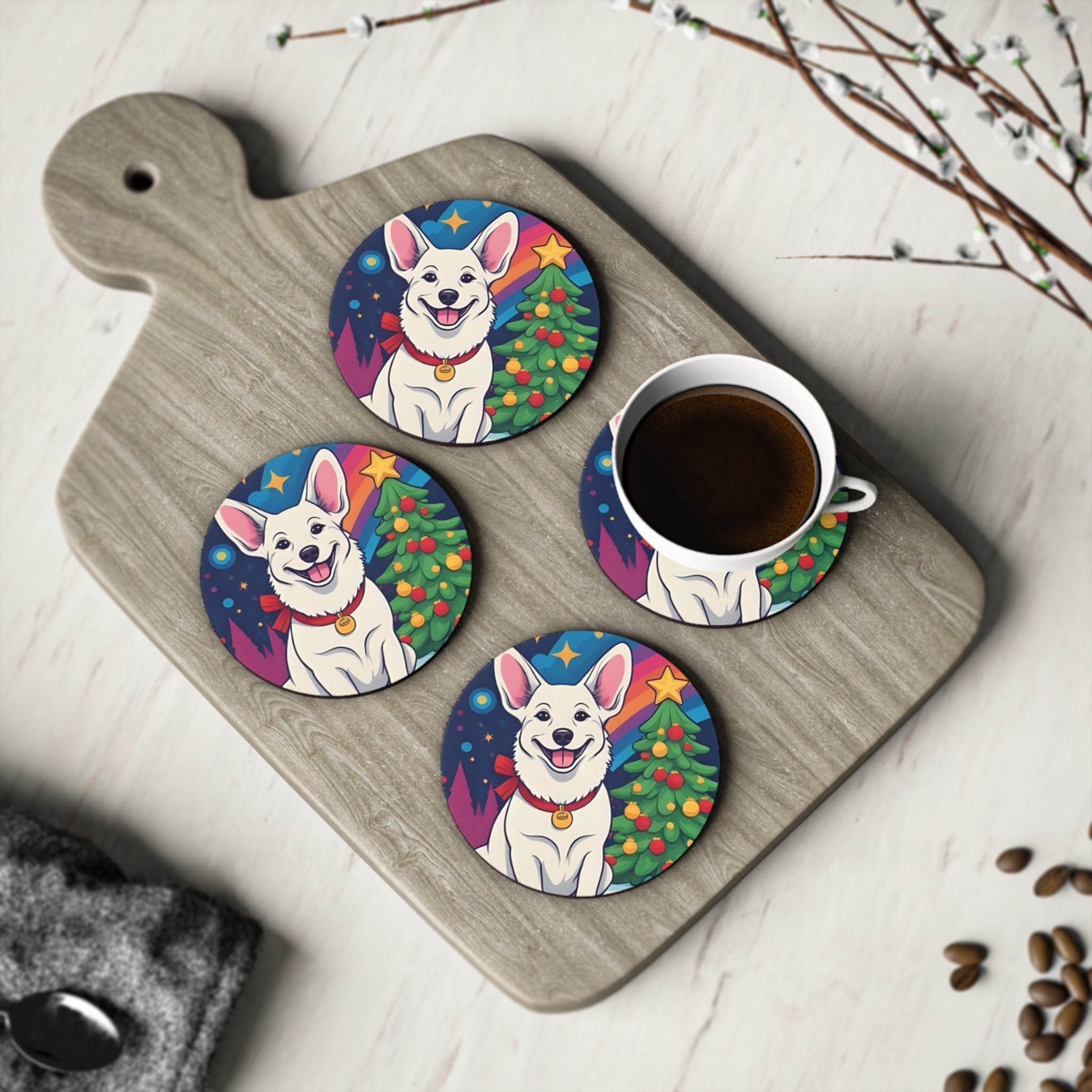 White Corgi Holiday Coasters