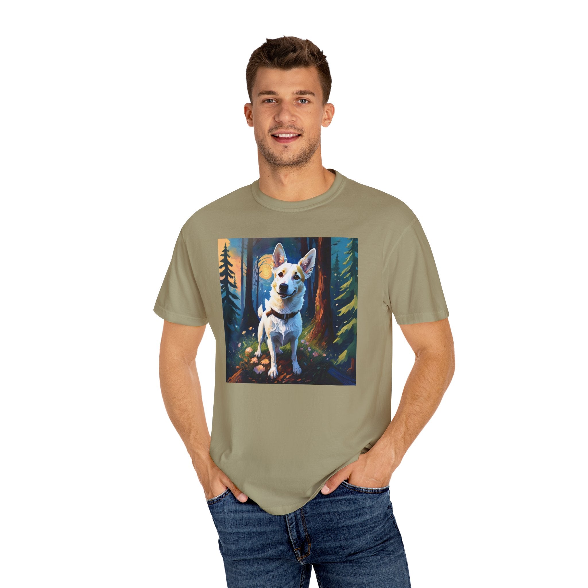 White/Tan Dog Forest Walk Unisex Garment-Dyed T-shirt