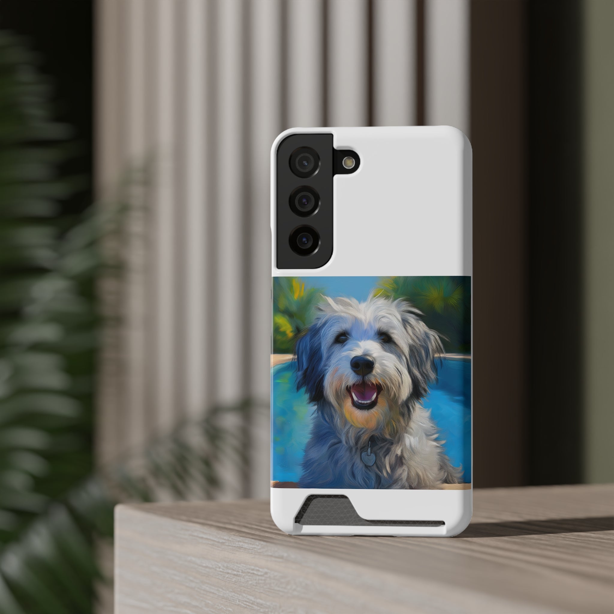 Grey Shaggy Dog Poolside Phone Case with Card Holder