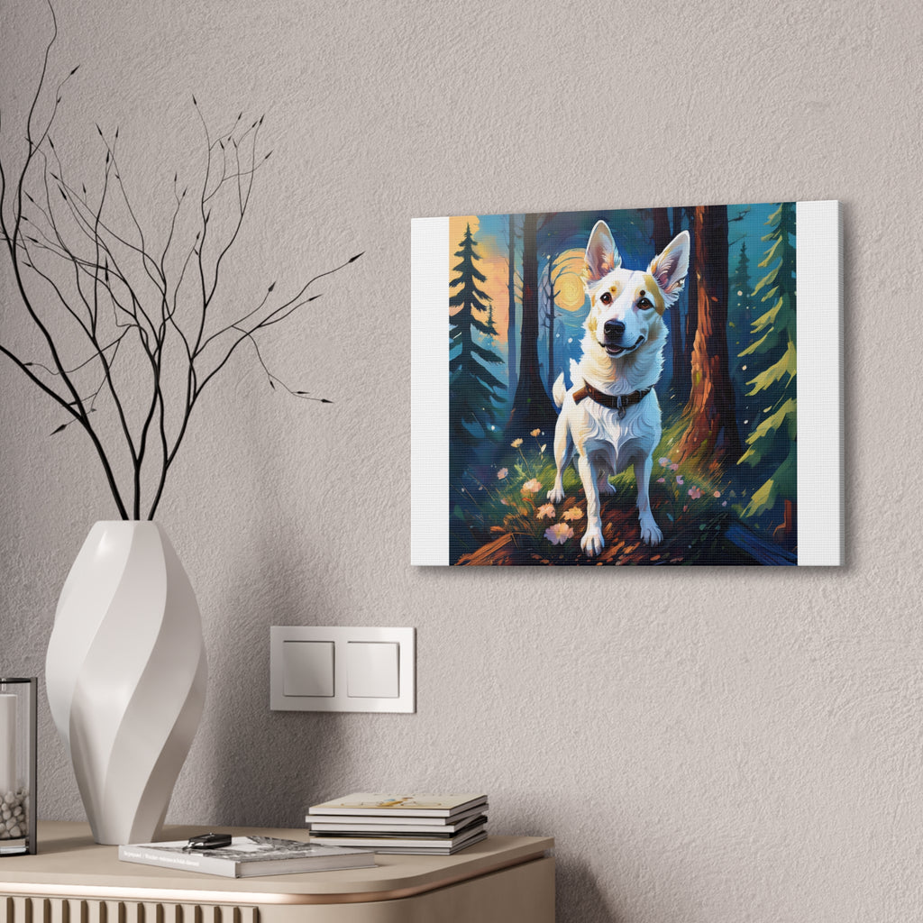 White/Tan Dog Forest Walk Cavas Painting