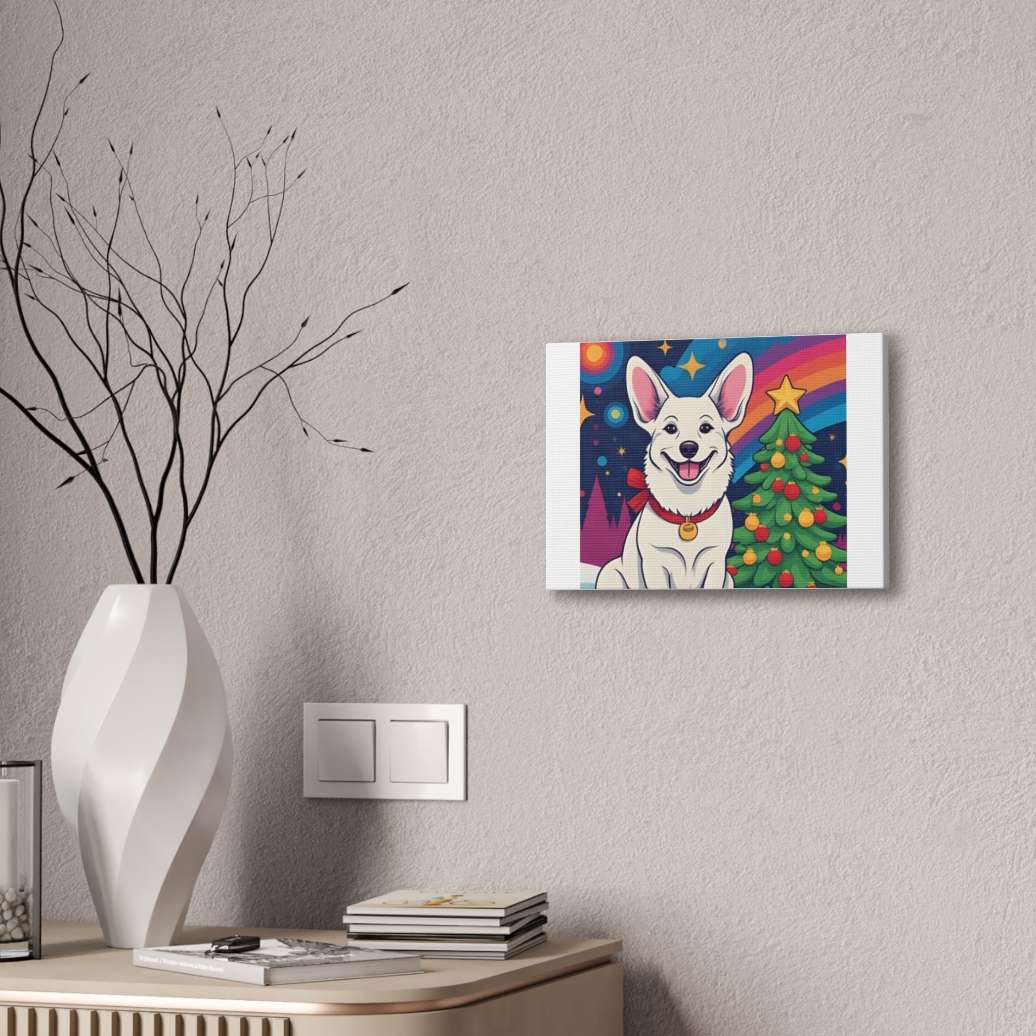 White Corgi Holiday Canvas Stretched, 0.75"