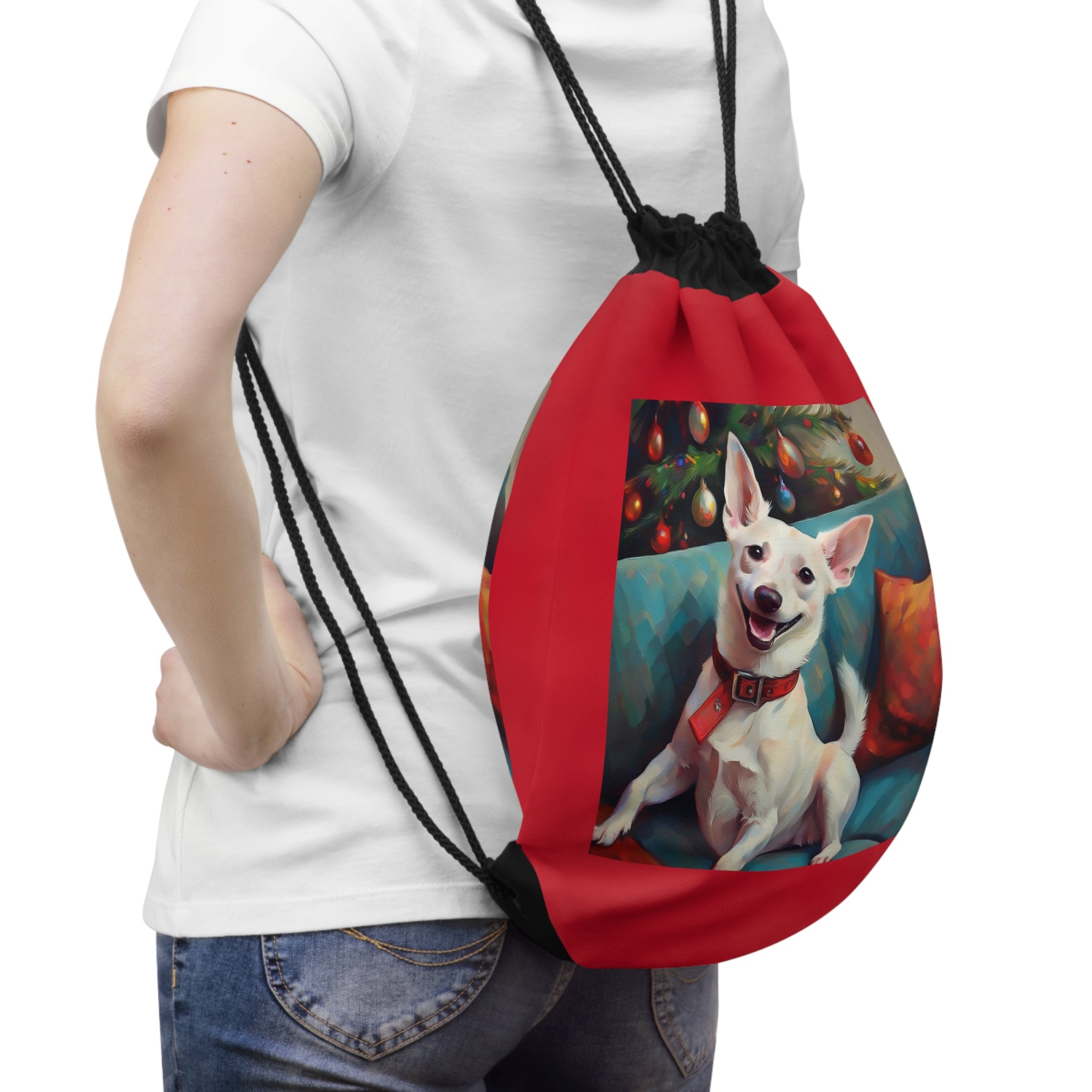 White Corgi Holiday II Drawstring Bag