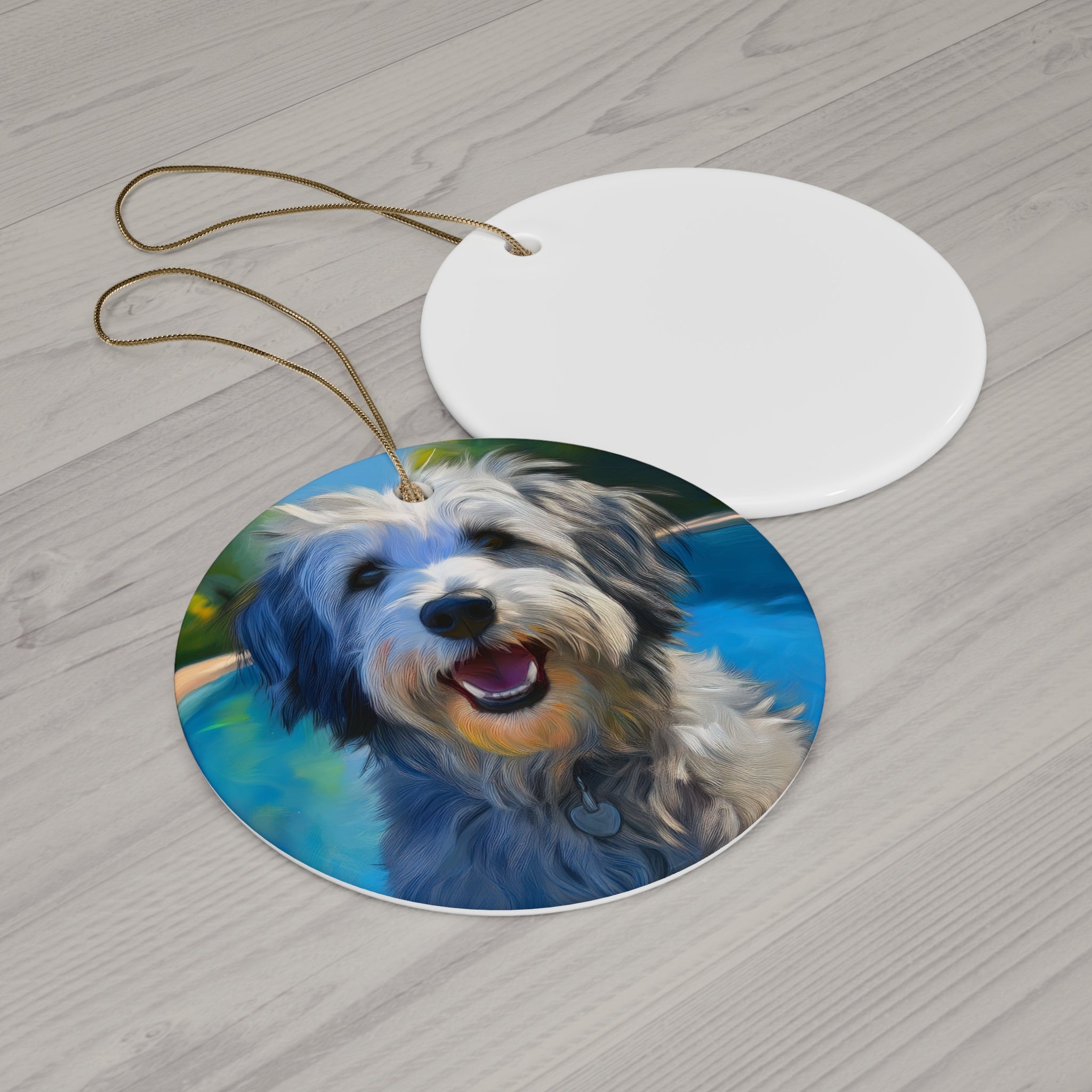 Grey Shaggy Dog Poolside Ceramic Ornament