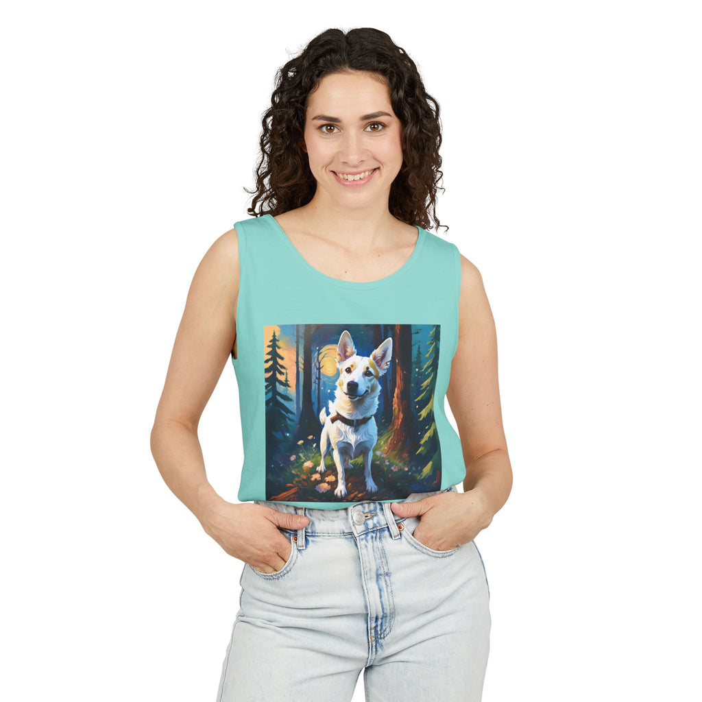 White/Tan Dog Forest Walk Unisex Tank Top