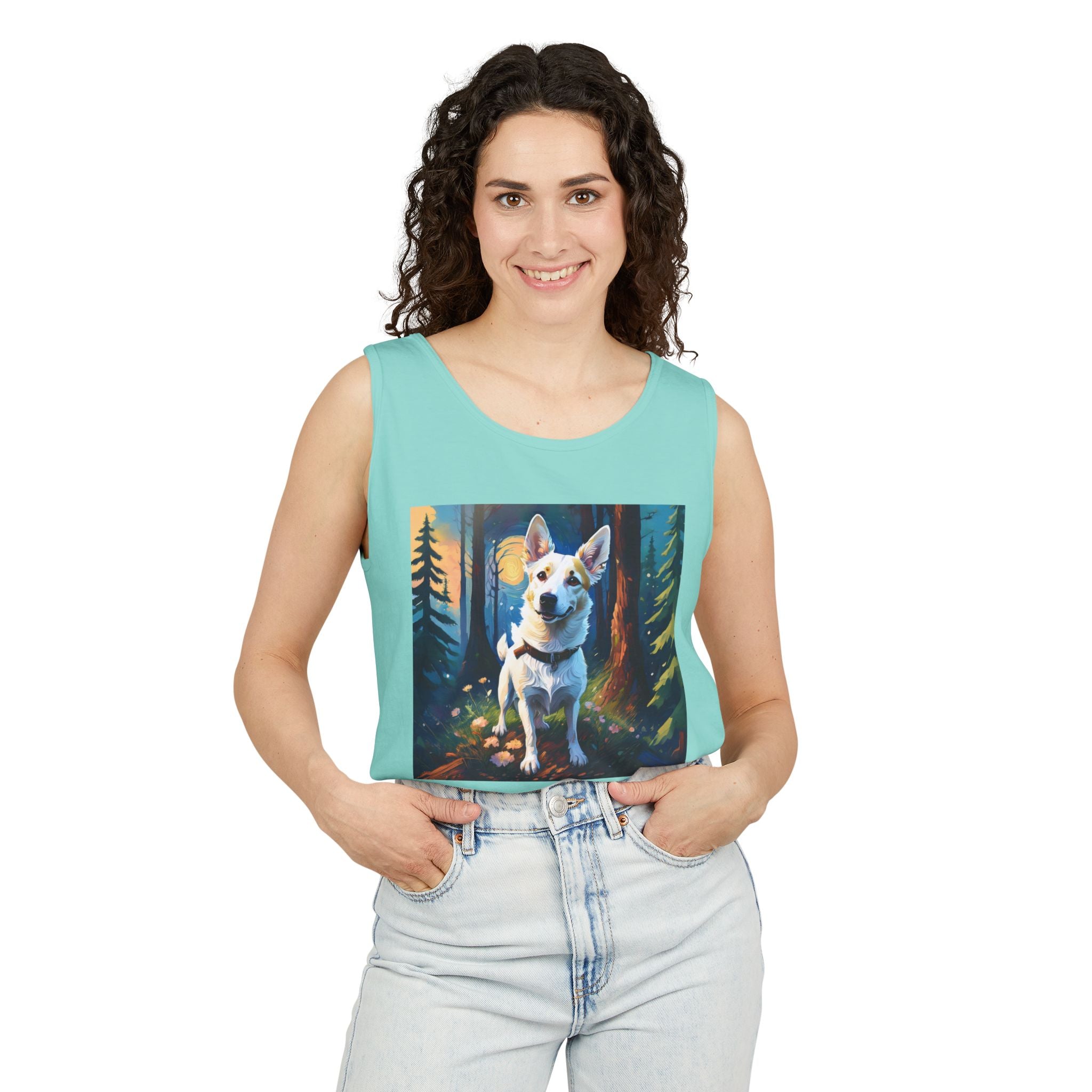 White/Tan Dog Forest Walk Unisex Tank Top