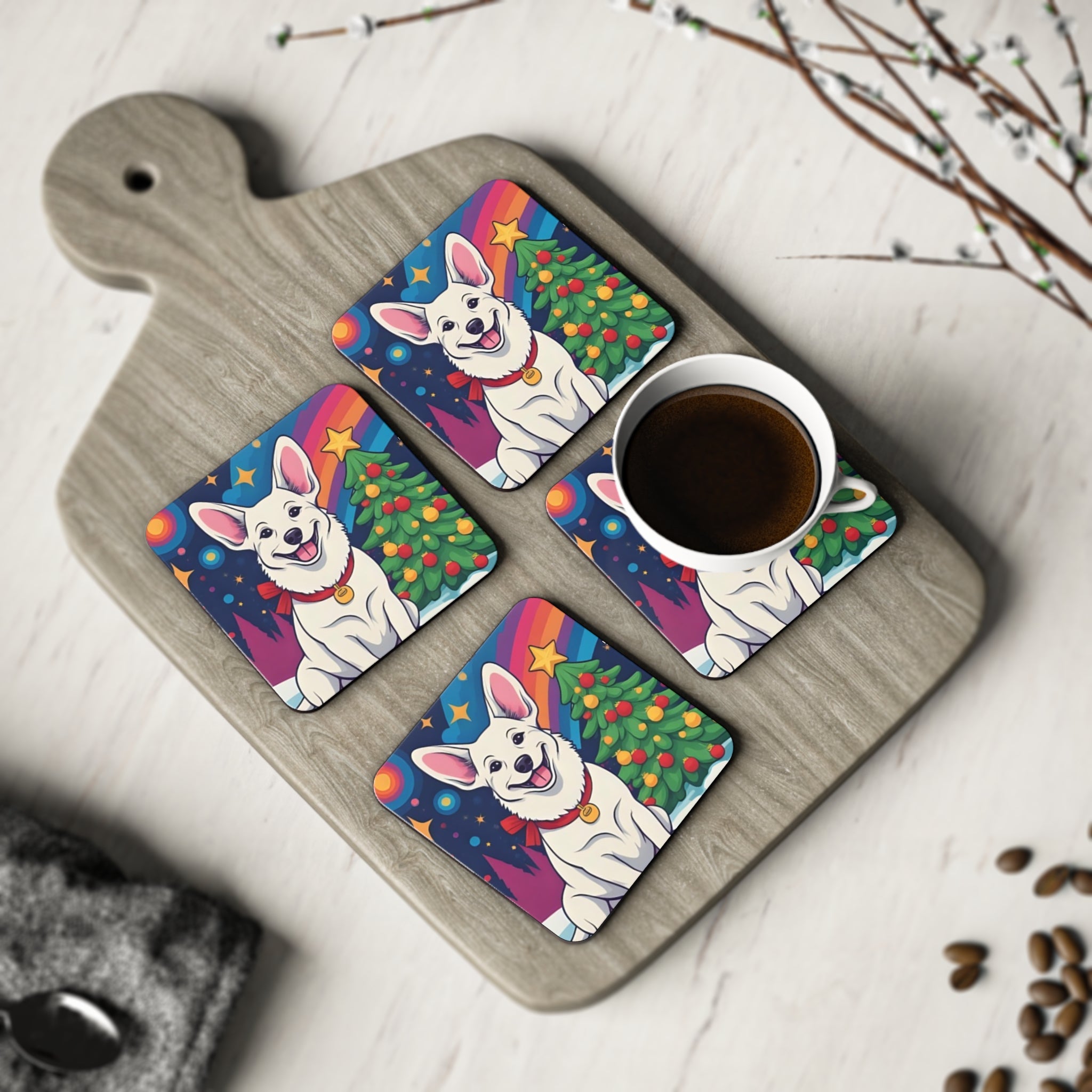 White Corgi Holiday Coasters