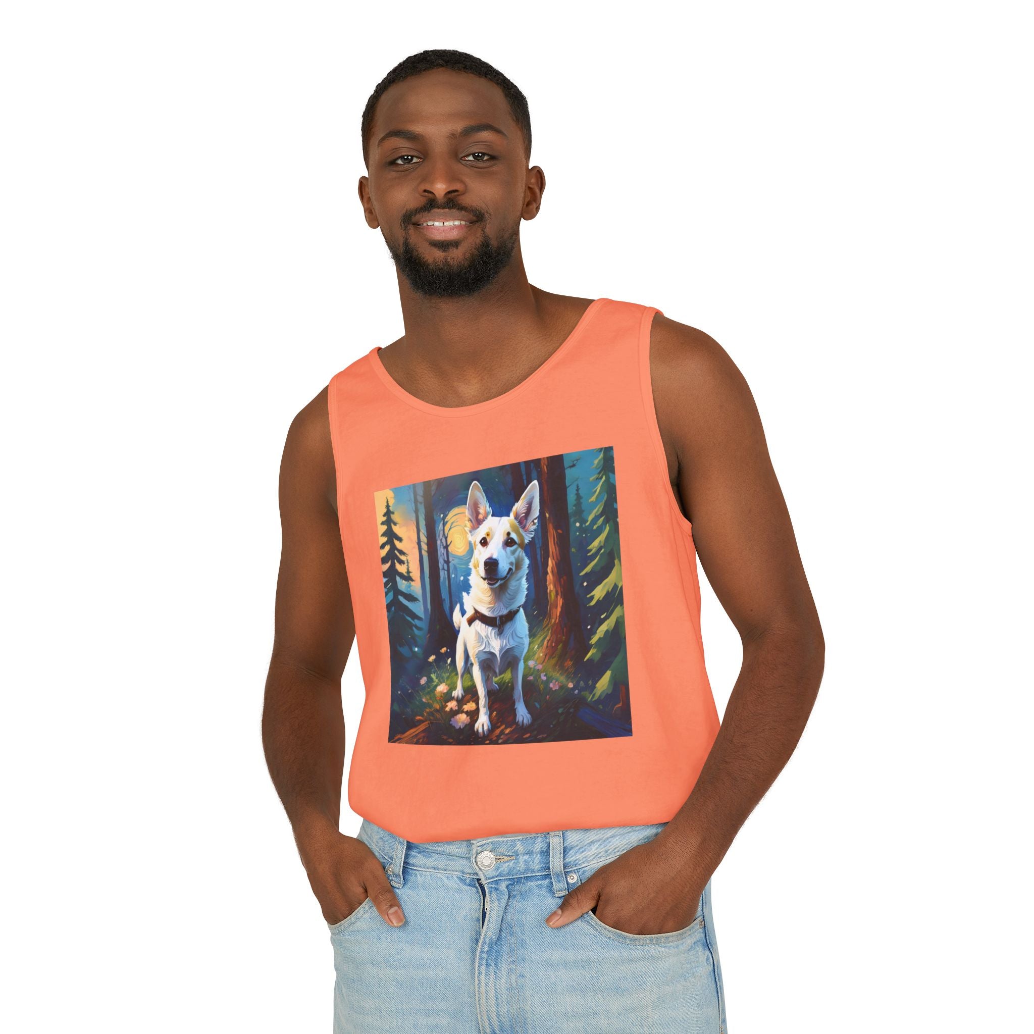 White/Tan Dog Forest Walk Unisex Tank Top