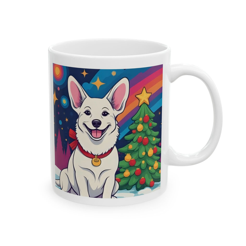 White Corgi Holiday Ceramic Mug, (11oz, 15oz)