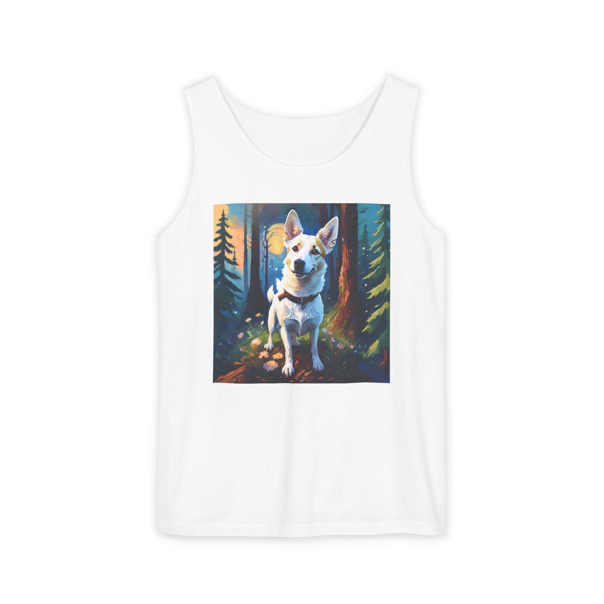 White/Tan Dog Forest Walk Unisex Tank Top