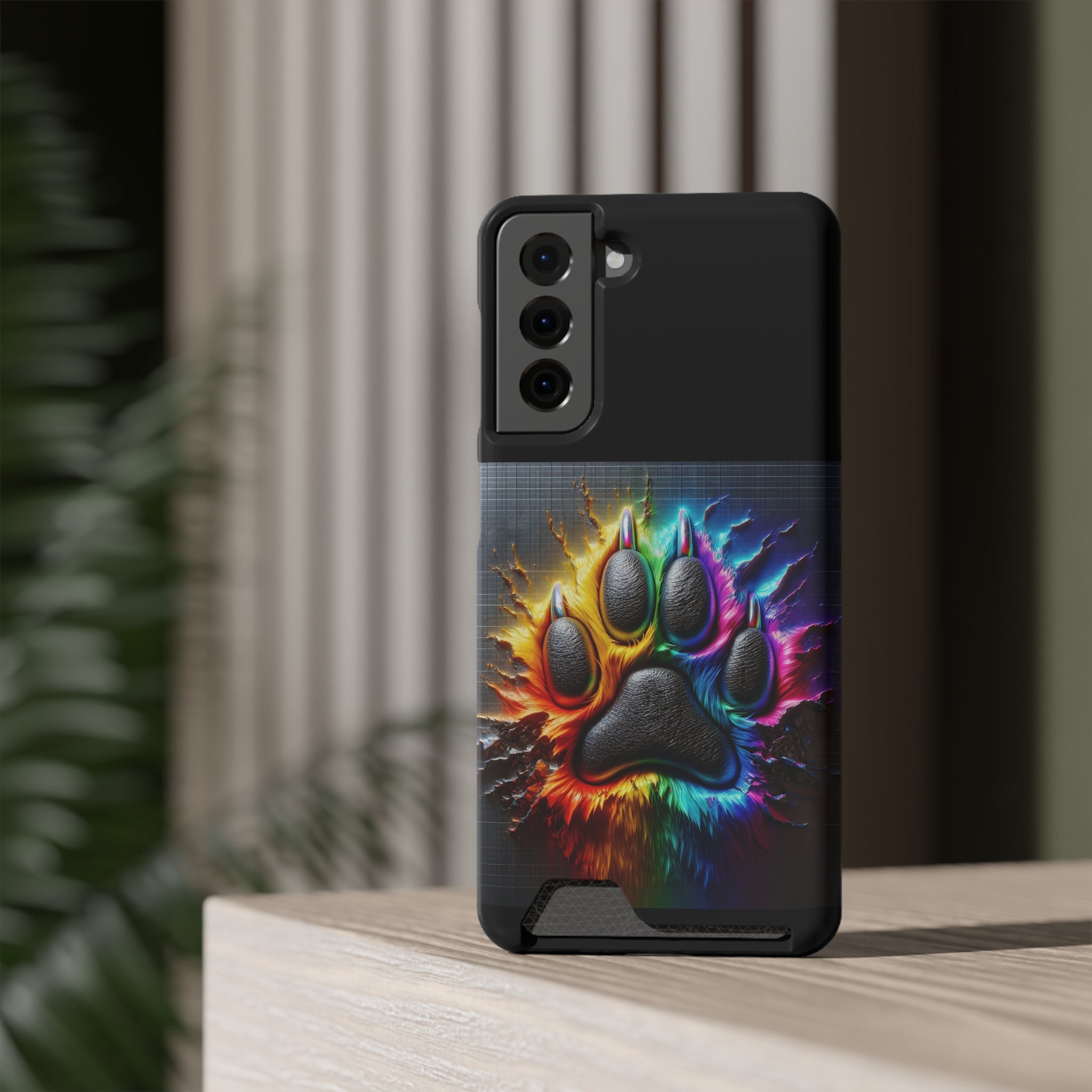 Electric Rainbow Dog Paw Phone Case with Card Holder