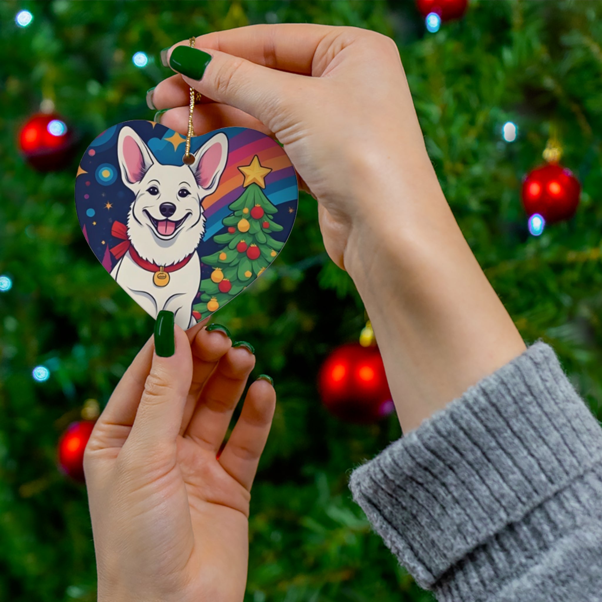 White Corgi Holiday Ceramic Ornament