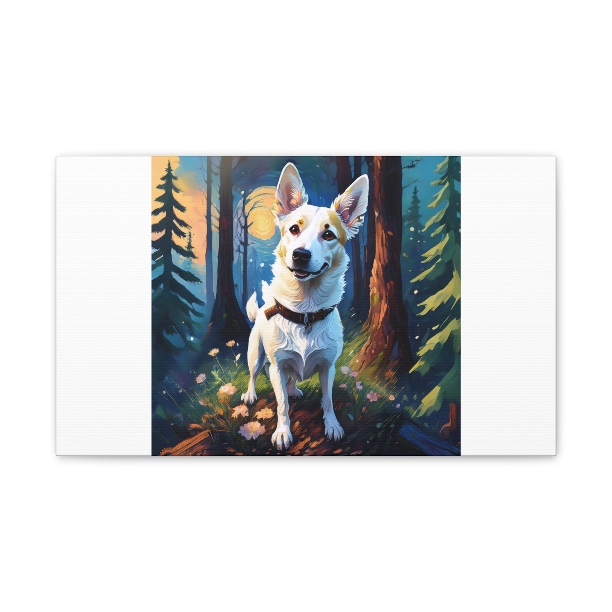 White/Tan Dog Forest Walk Cavas Painting