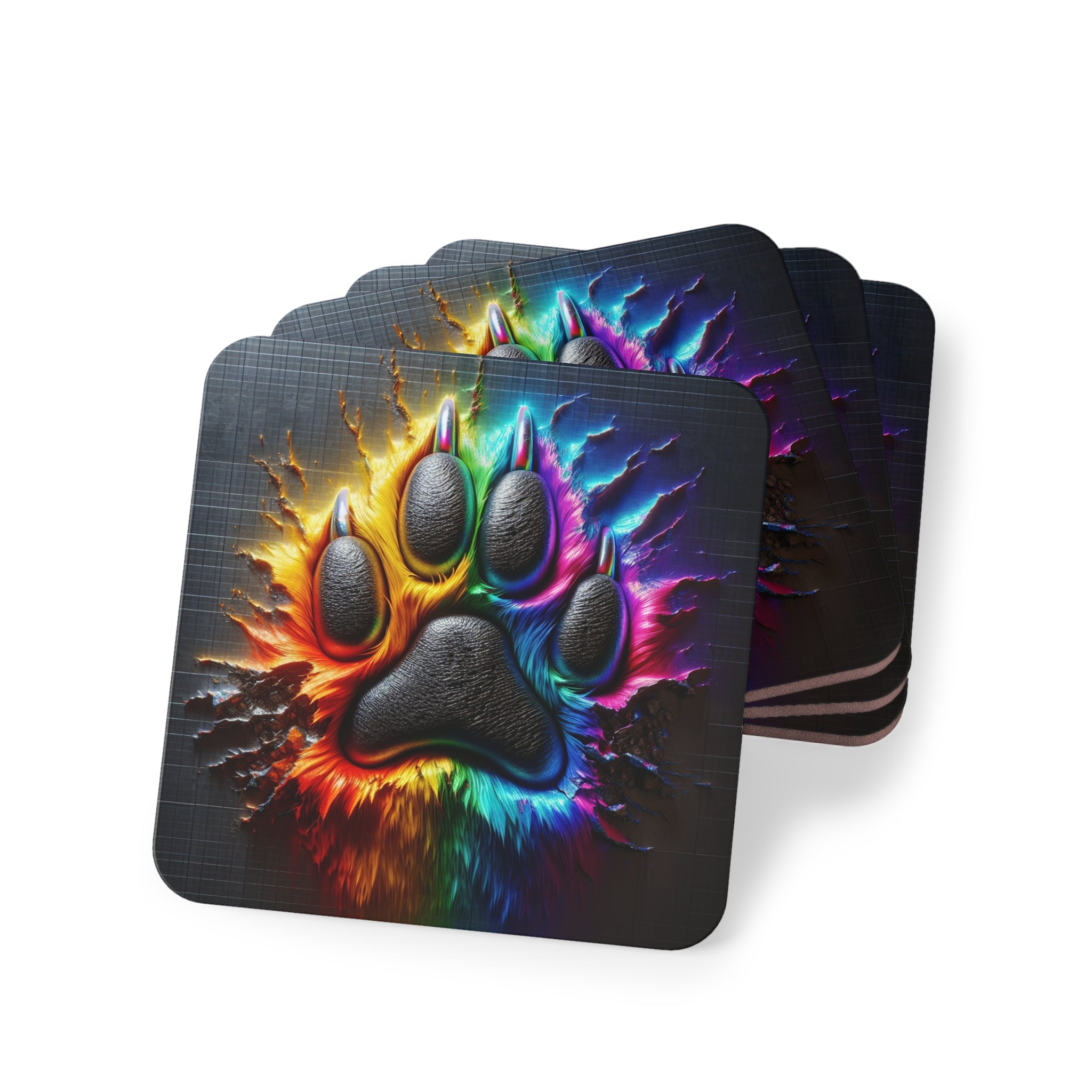 Electric Rainbow Dog Paw Coasters
