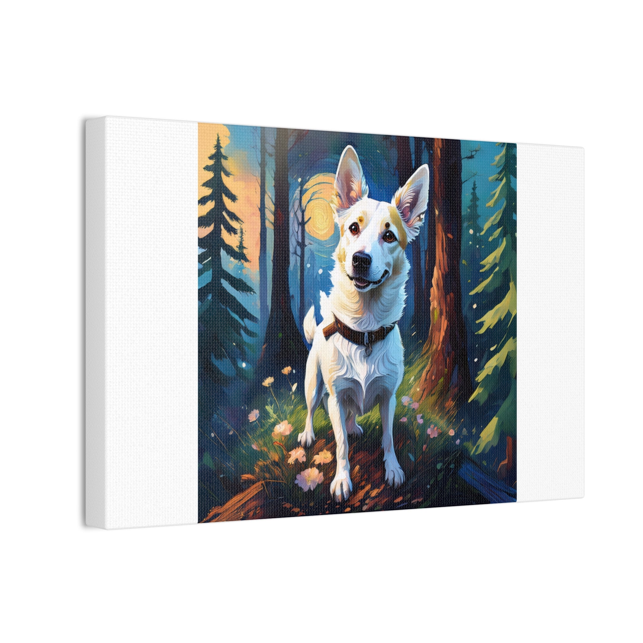 White/Tan Dog Forest Walk Cavas Painting