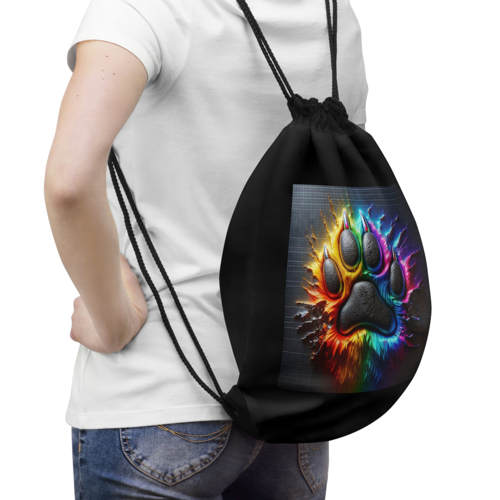 Electric Rainbow Dog Paw Drawstring Bag